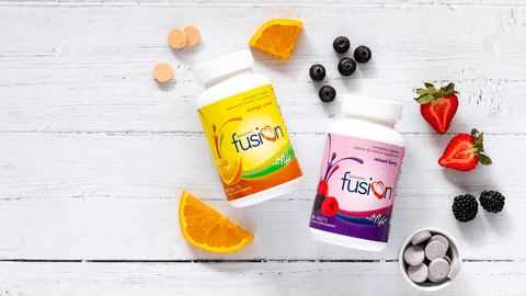 Bariatric Fusion Orange Cream and Mixed Berry Multivitamin Chewable Tablets bottles.