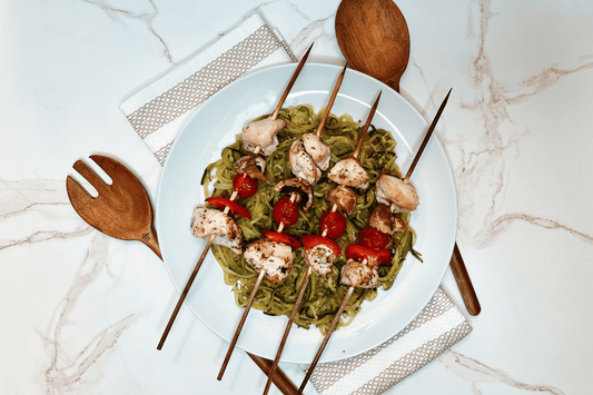 Bariatric Recipes - Chicken and Veggie Kabobs Over Zoodles - Bariatric Fusion