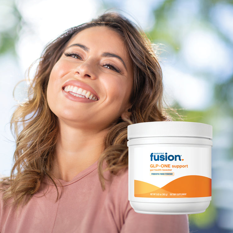 Women with a bright smile behind a Bariatric Fusion GLP-ONE Support container.