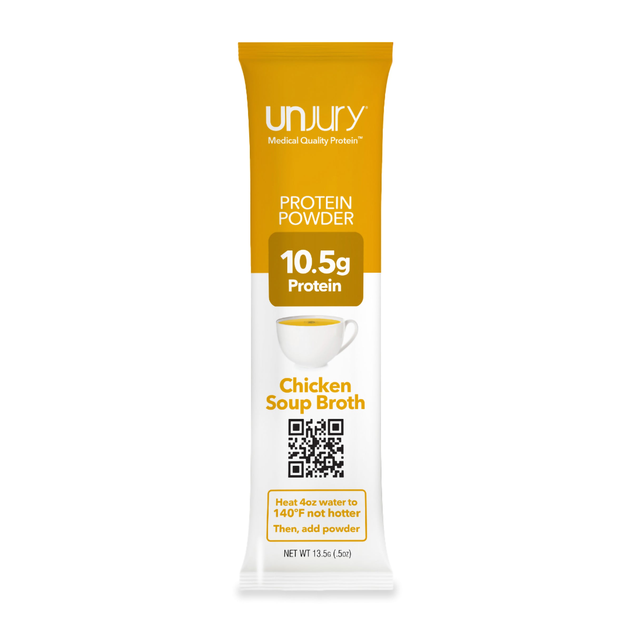 Unjury Chicken Soup Whey Protein Isolate Single-Serve Stick packet.