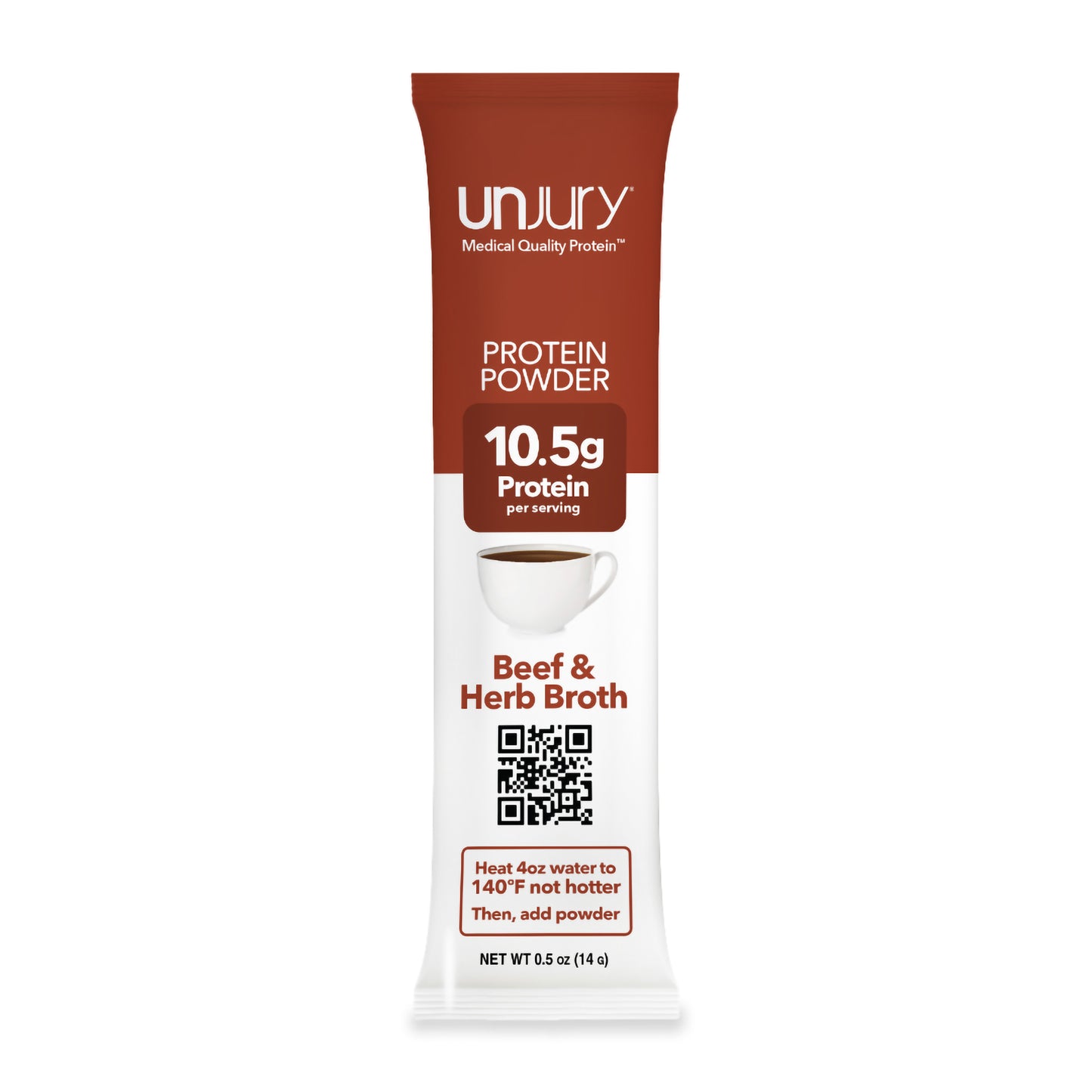 Unjury Beef & Herb Whey Protein Isolate Single-Serve Stick packet.