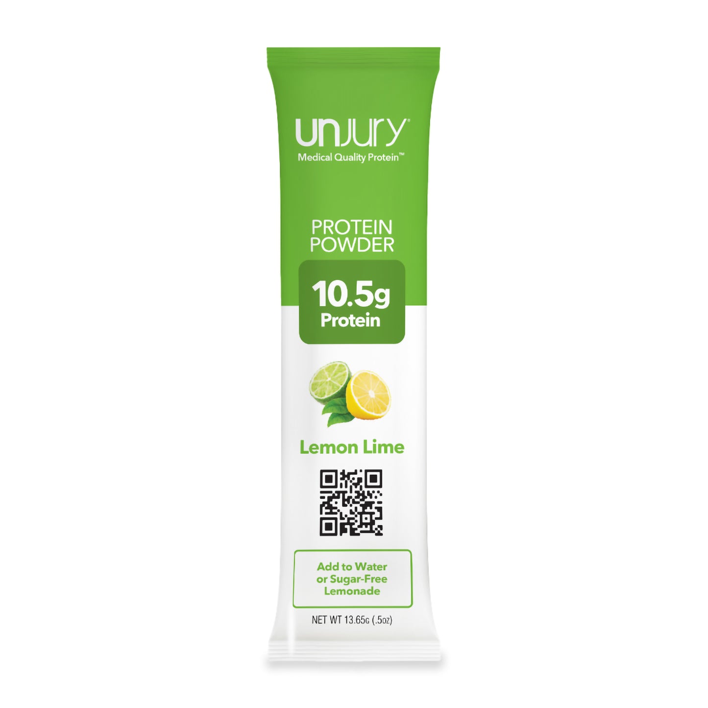 Unjury Lemon Lime Single-Serve Whey Protein Stick Packs. 