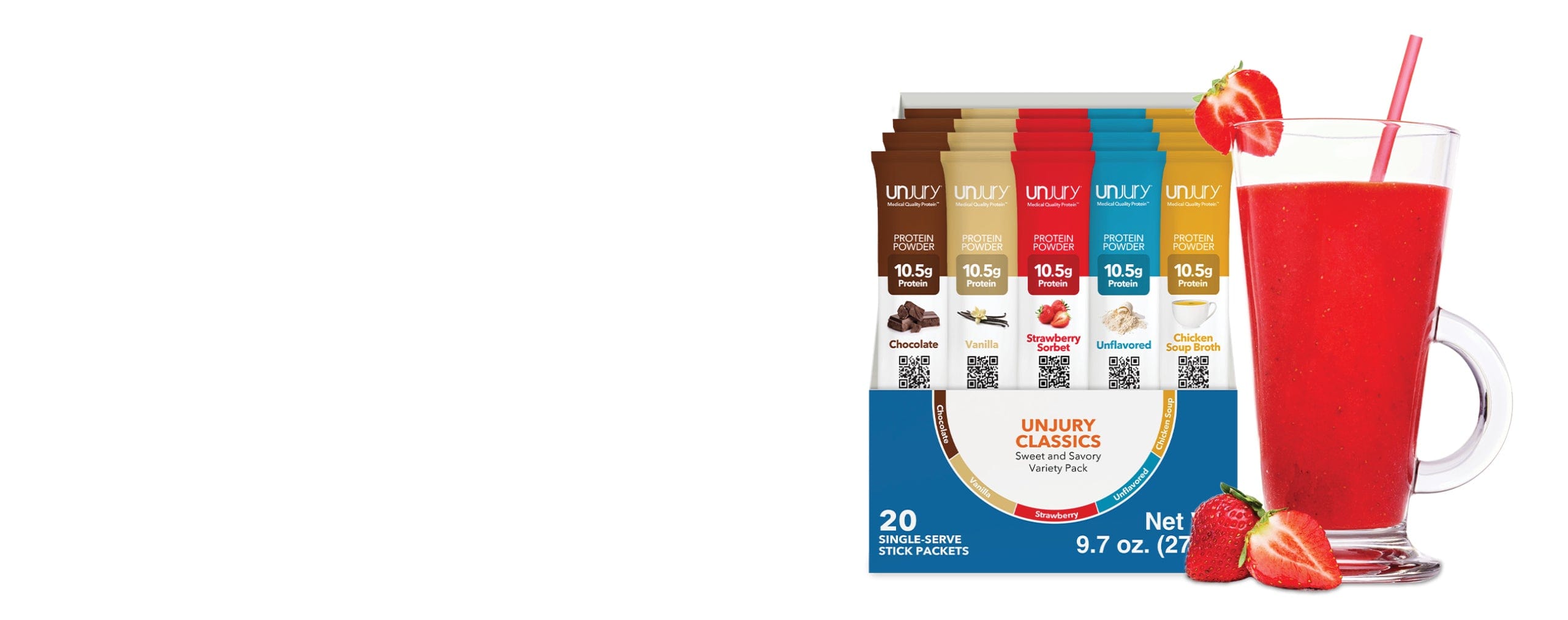 Unjury Classics protein powder stick packets with a glass of red smoothie and strawberries on a white background.