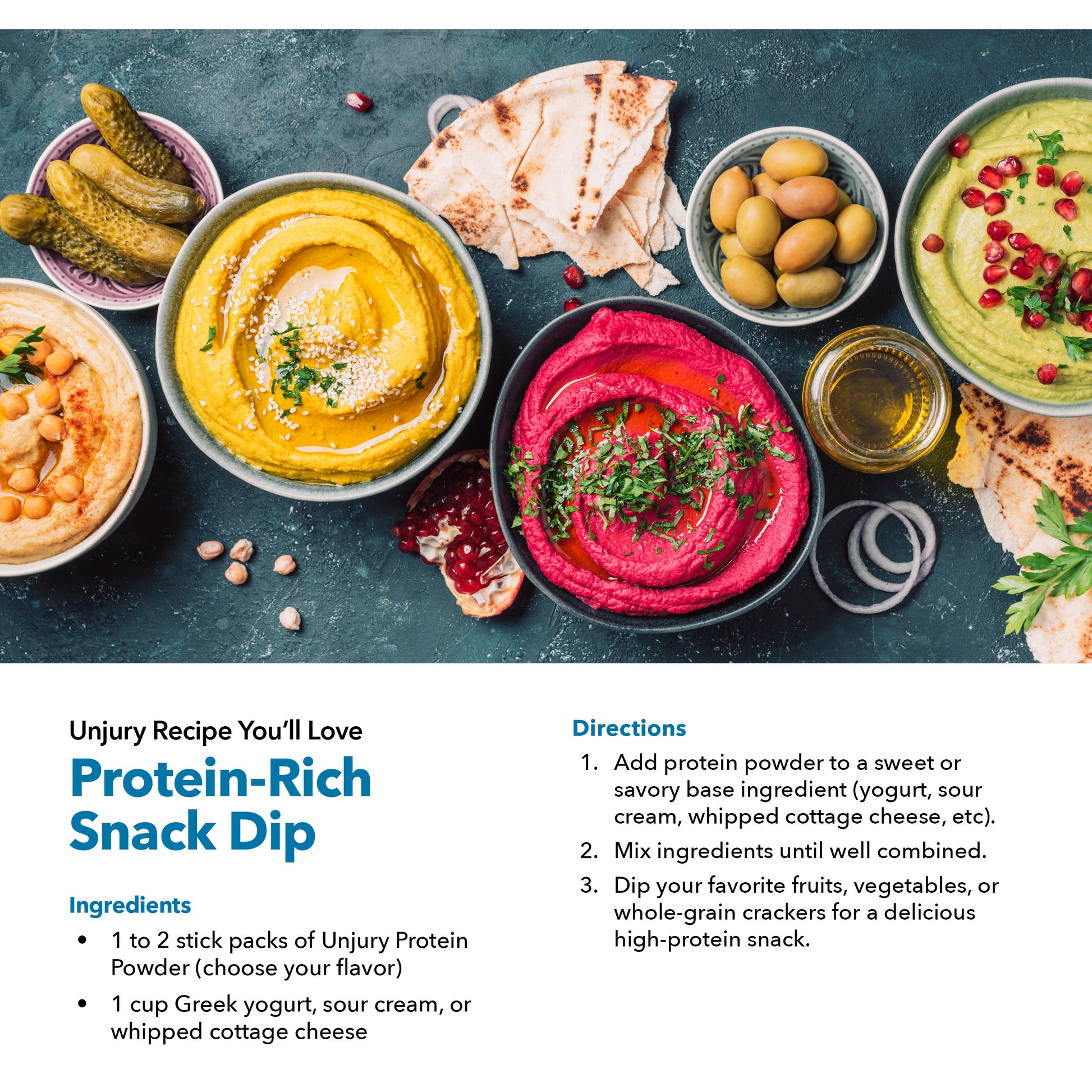 Unjury Variety Pack Protein Powder Single Serve Stick Packs Protein-Rich Snack Dip recipe.