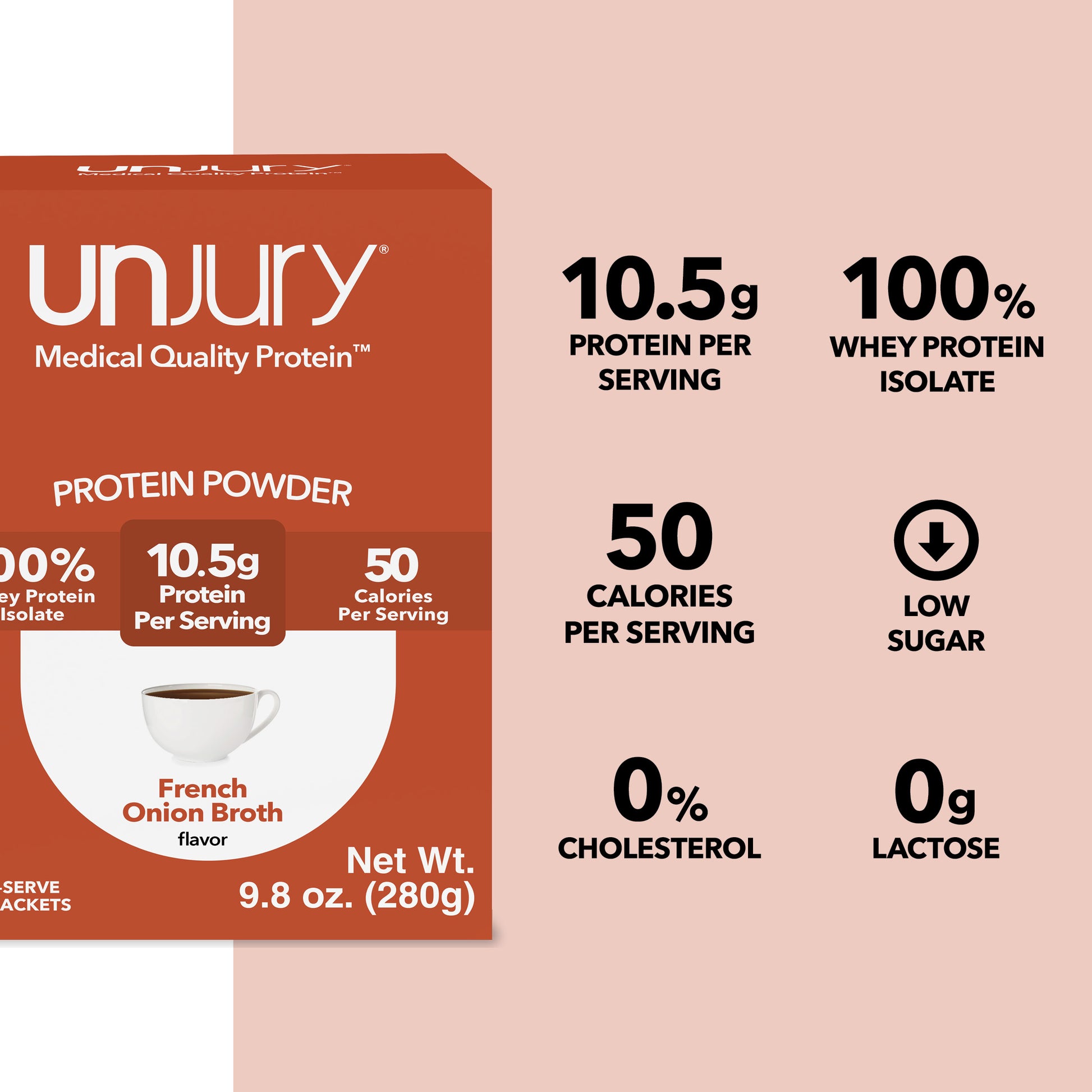 Unjury French Onion Protein Powder Single Serve Stick Packs provide 10.5g of protein per serving, are 100% whey protein isolate, are low sodium, low sugar, and have 0g of lactose and 0% cholesterol.