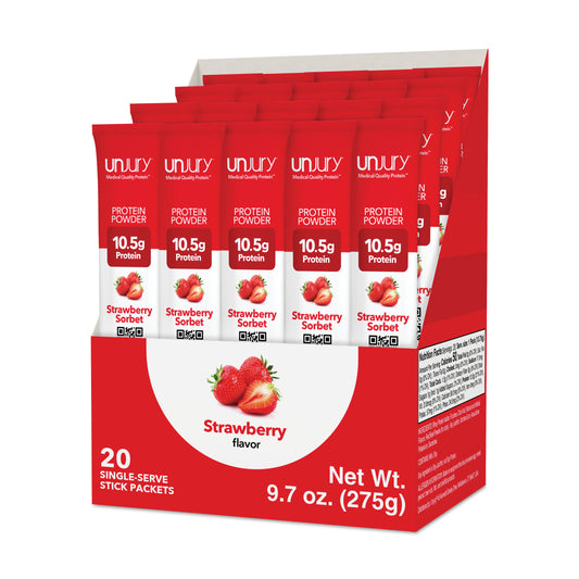 Box of Unjury Strawberry Whey Protein Single-Serve Stick Pack Box of 20.