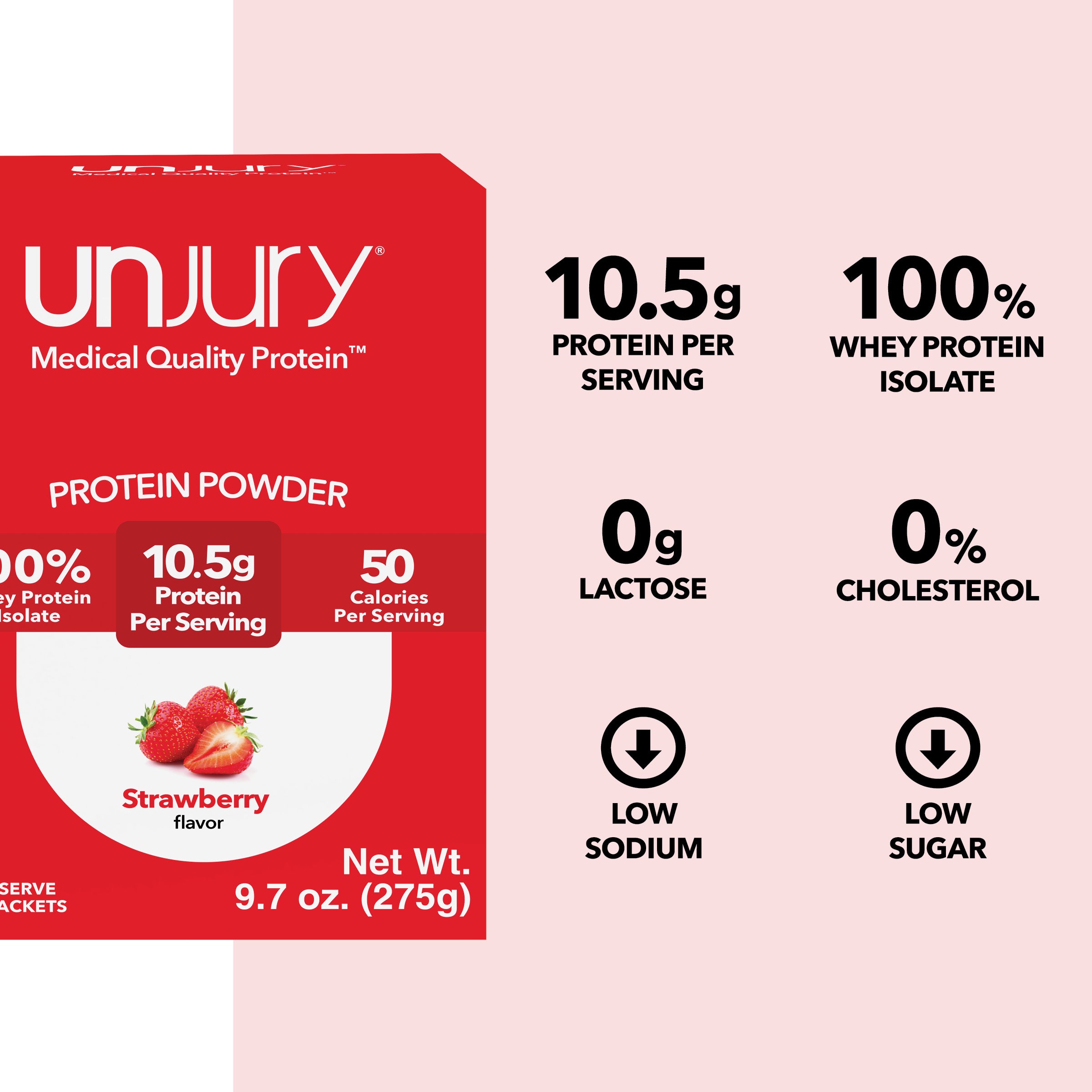 Unjury Strawberry Protein Powder Single Serve Stick Packs provide 10.5g of protein per serving, are 100% whey protein isolate, are low sodium, low sugar, and have 0g of lactose and 0% cholestrerol.