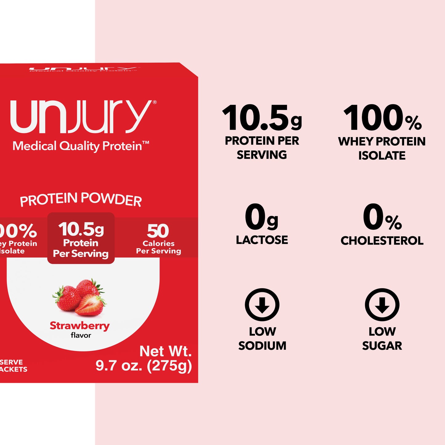 Unjury Strawberry Protein Powder Single Serve Stick Packs provide 10.5g of protein per serving, are 100% whey protein isolate, are low sodium, low sugar, and have 0g of lactose and 0% cholestrerol.