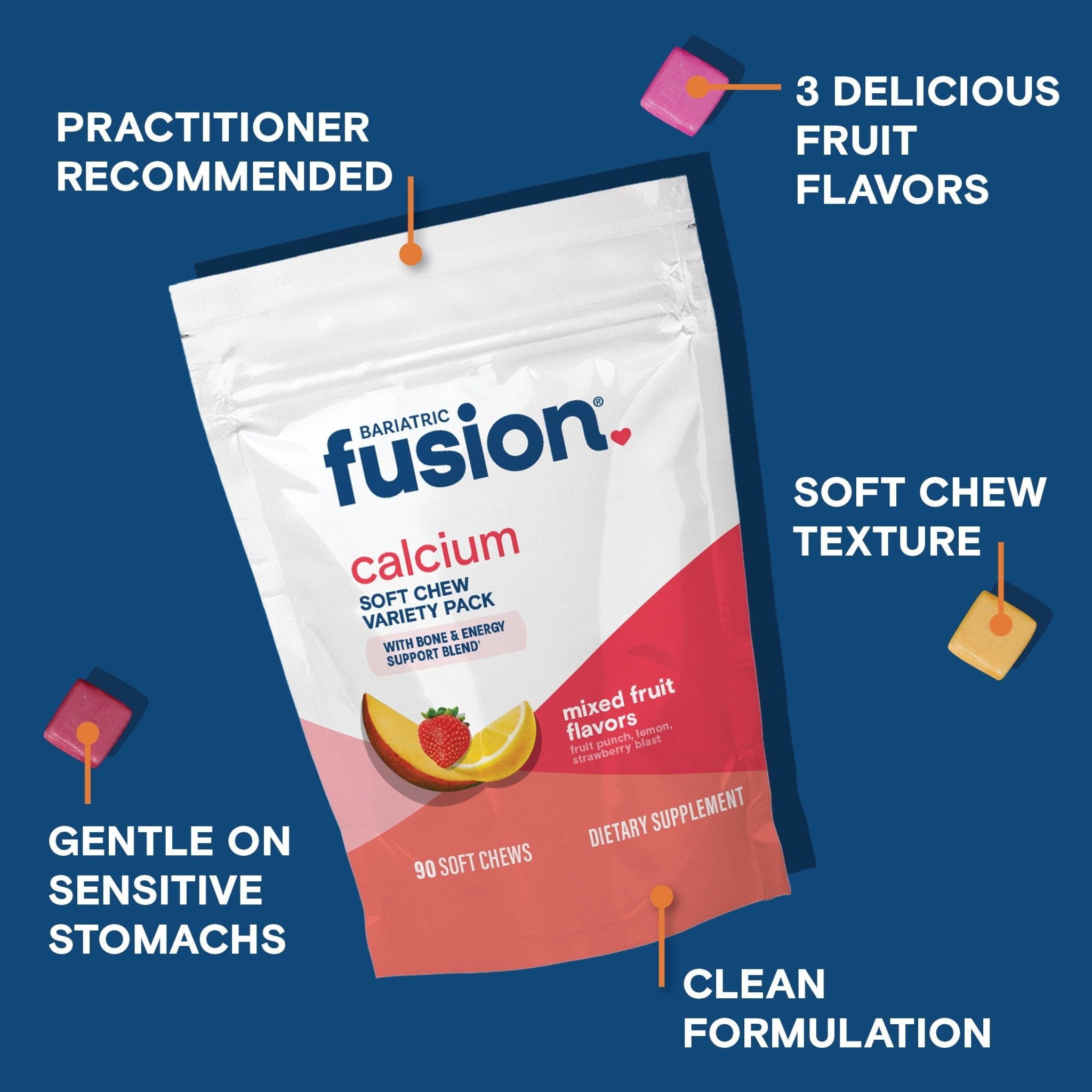 Bariatric Calcium Citrate Soft Chew mixed Fruit flavors variety pack is practitioner recommended, has three fruit flavors, is gentle on the stomach.
