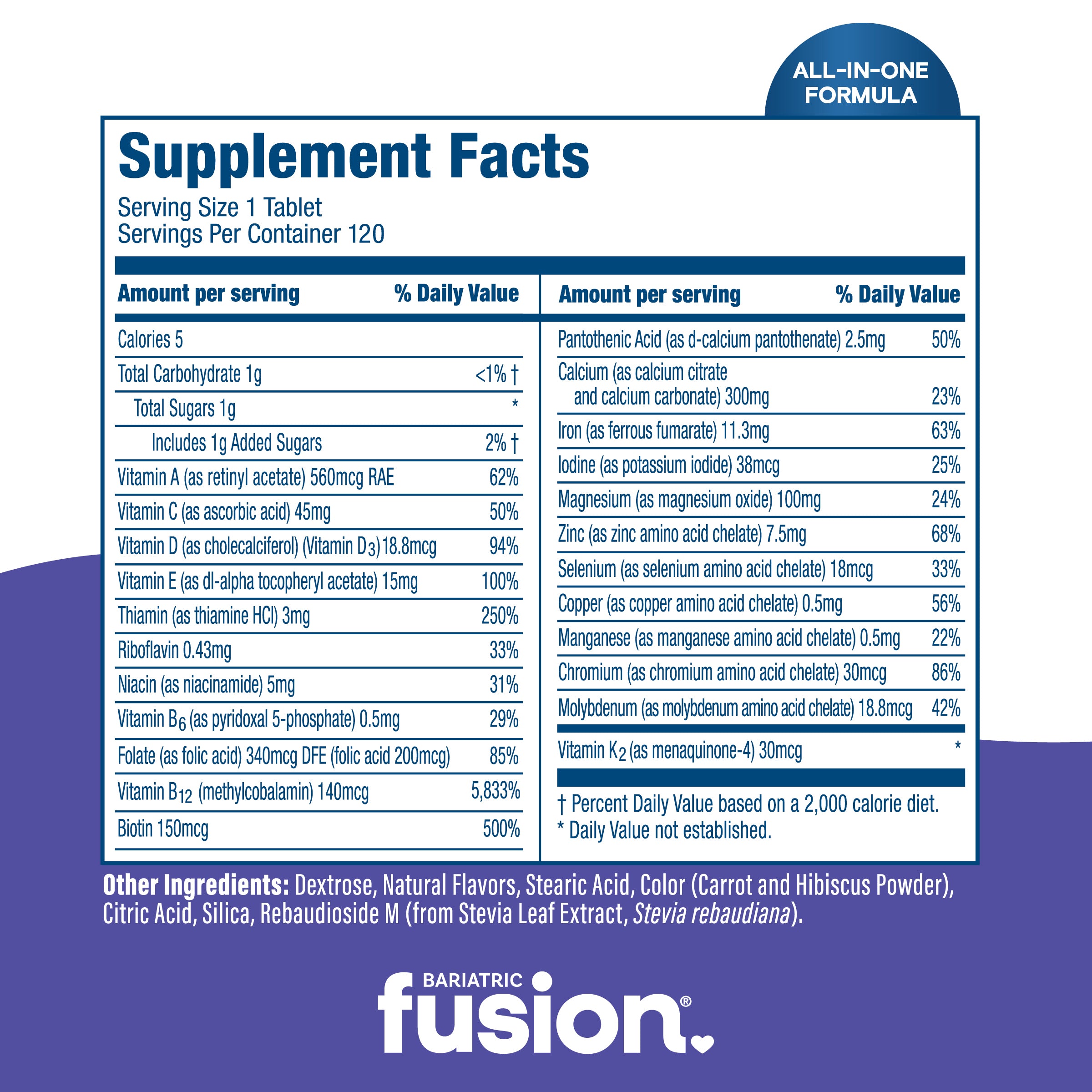 Supplement Facts panel for Bariatric Fusion Chewable Multivitamin with Vitamin K