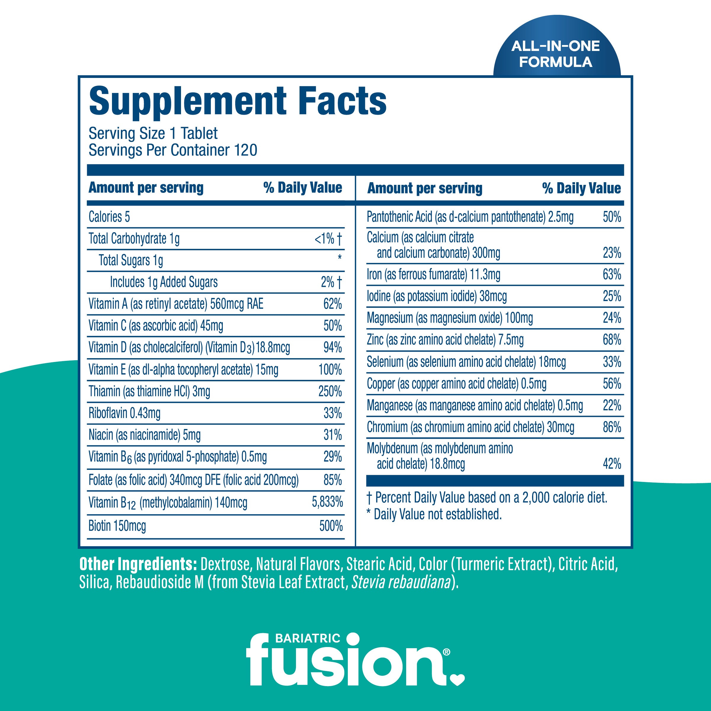 Supplement Facts panel for Bariatric Fusion Soft Chew Multivitamin, Tropical Flavor