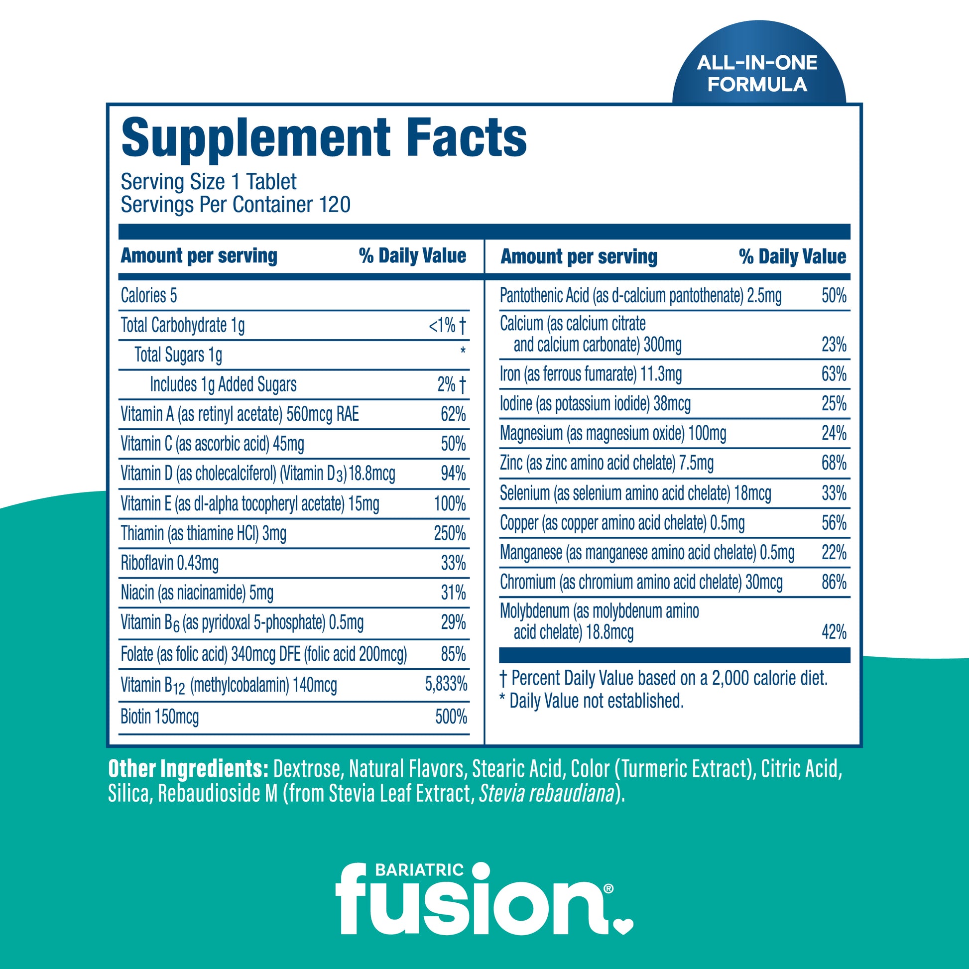 Supplement Facts panel for Bariatric Fusion Soft Chew Multivitamin, Tropical Flavor