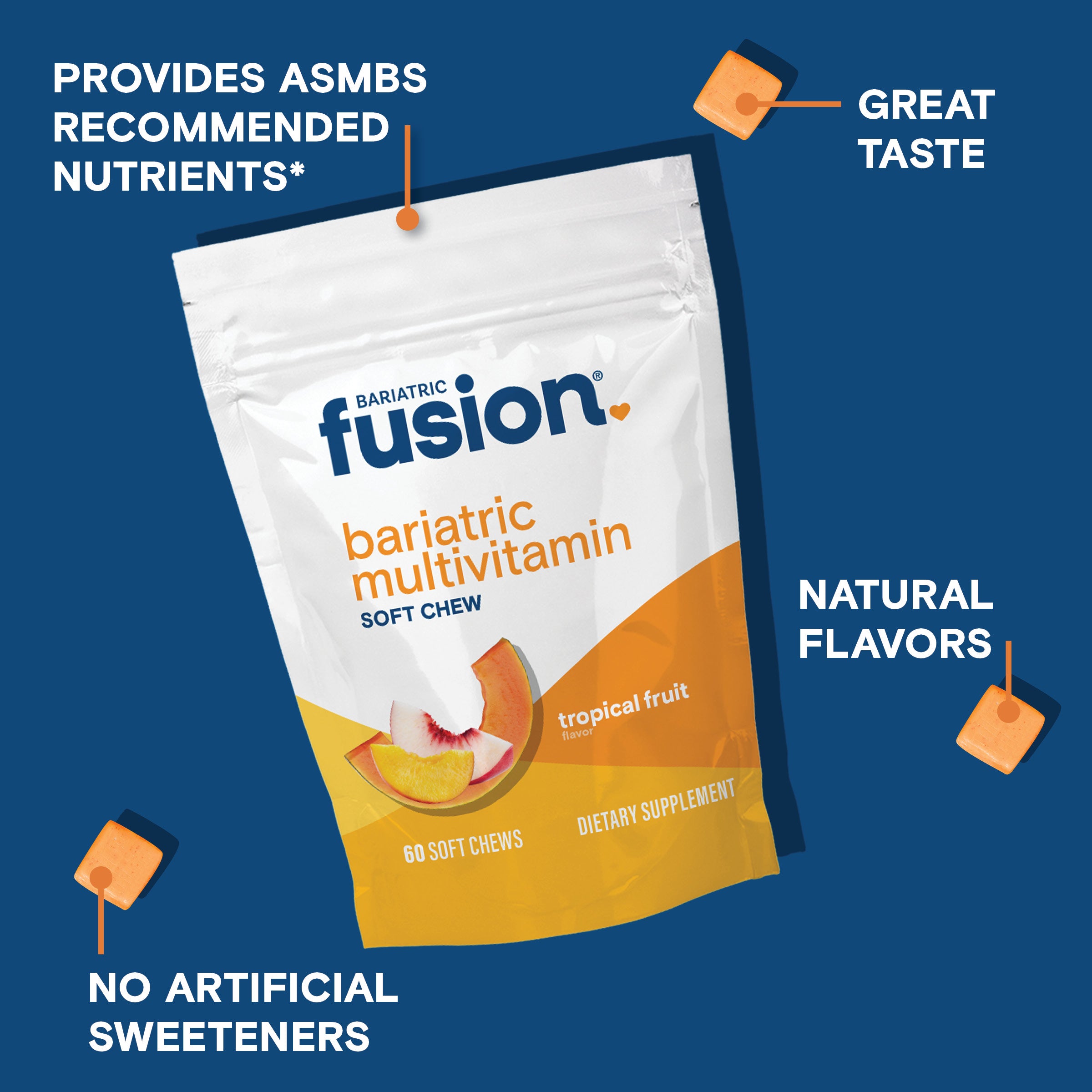 Bariatric Fusion Multivitamin Soft Chew Tropical Pouch with Blue Background and AMSBS guideline bullets