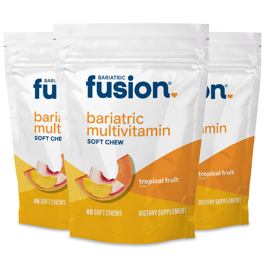 Three pouches of Bariatric Fusion Bariatric Multivitamin Soft Chews, tropical fruit flavor, 60 count each