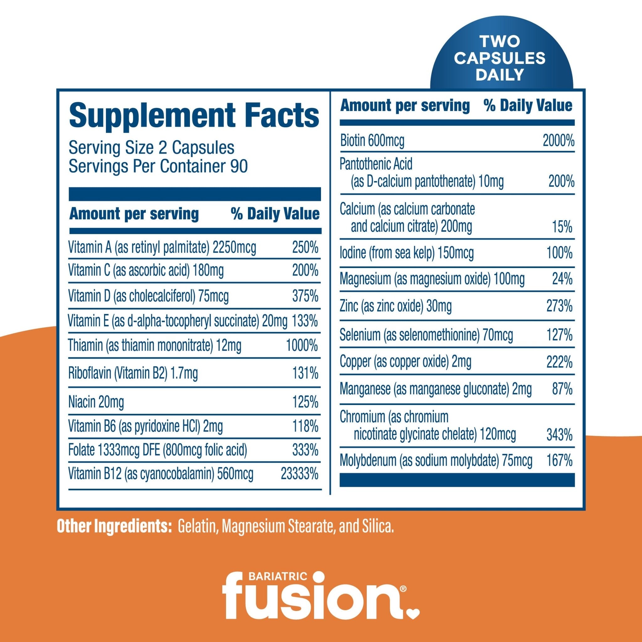 Bariatric Multivitamin Capsule without Iron - two per day supplement facts.