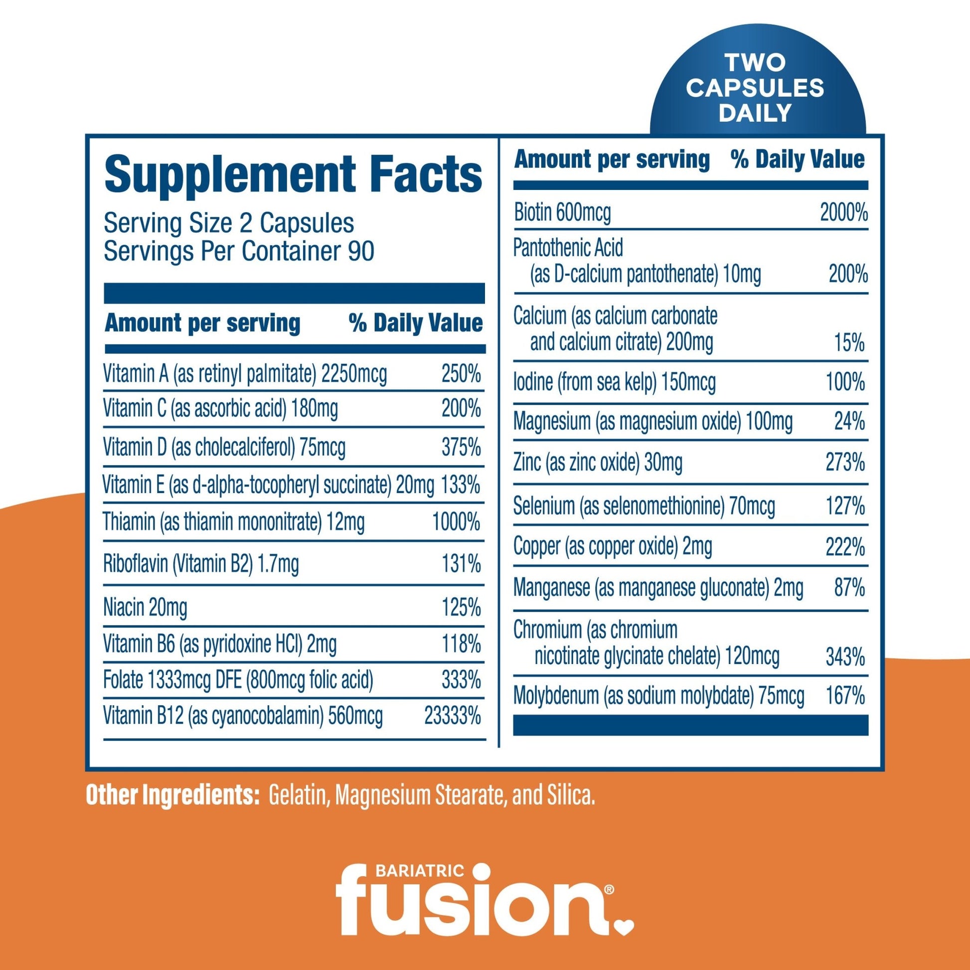 Bariatric Multivitamin Capsule without Iron - two per day supplement facts.