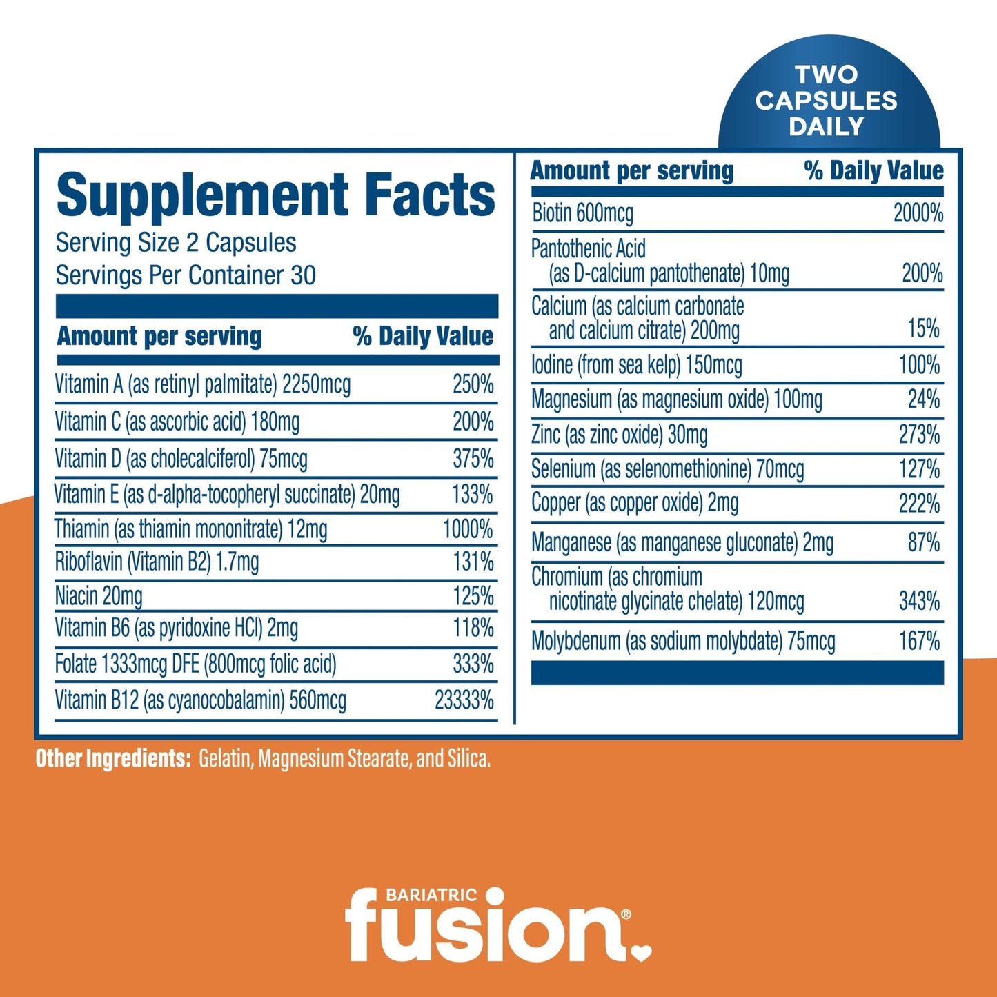 Bariatric Multivitamin Capsule without Iron - two per day 60 ct bottle supplement facts.