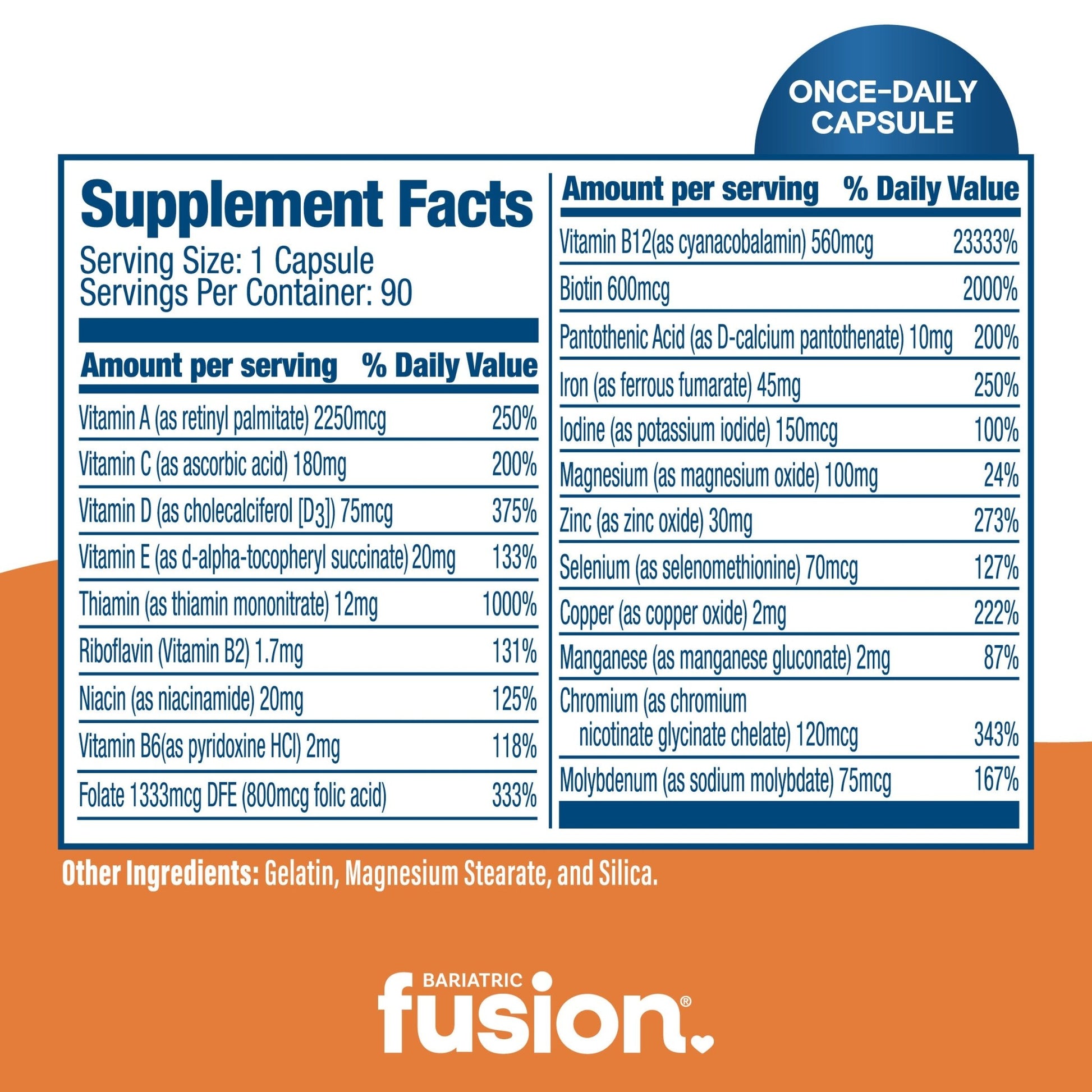 Bariatric Fusion One Per Day Bariatric Multivitamin With Iron capsules supplement facts.