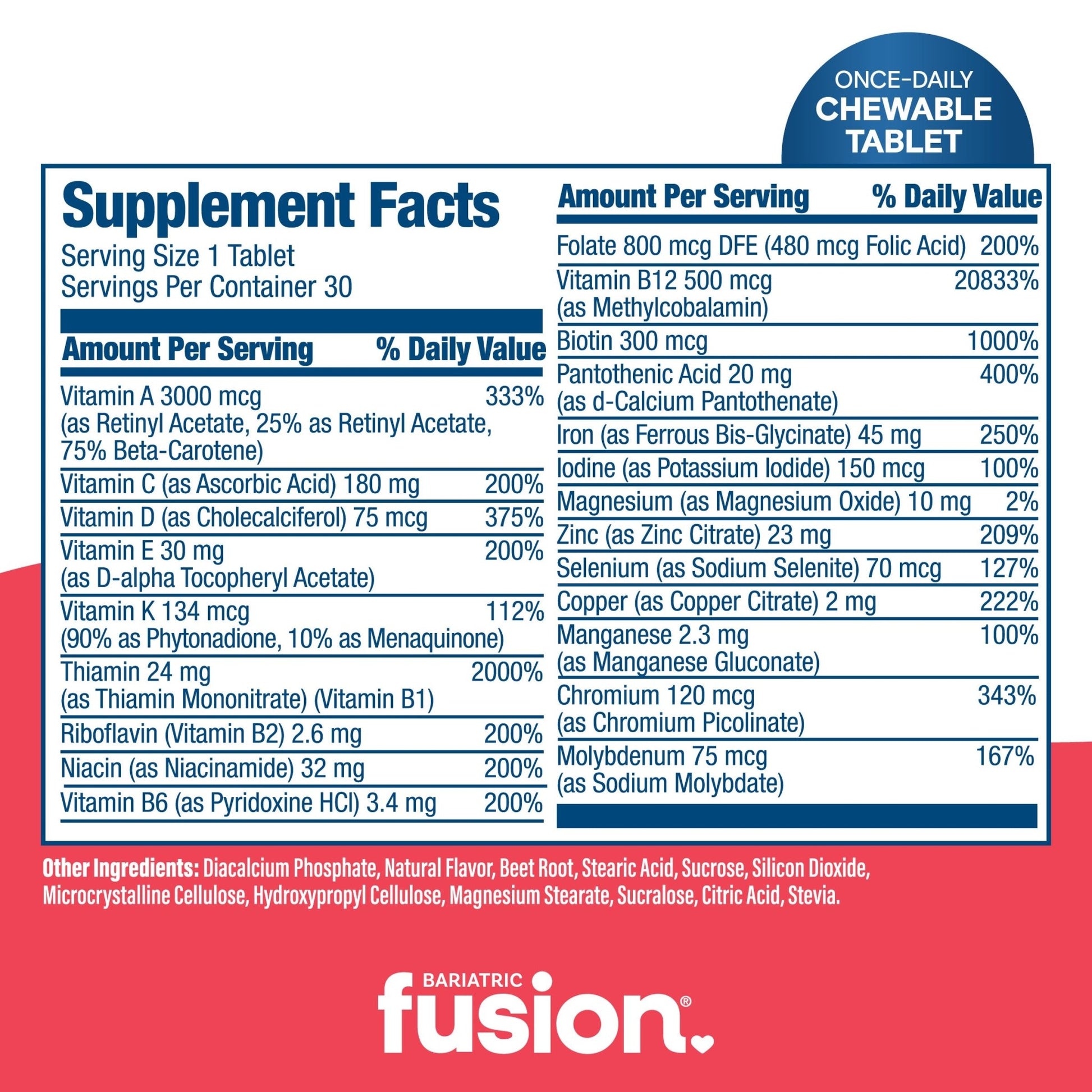 Bariatric Fusion One Per Day Chewable Multivitamin with 45mg Iron supplements facts.