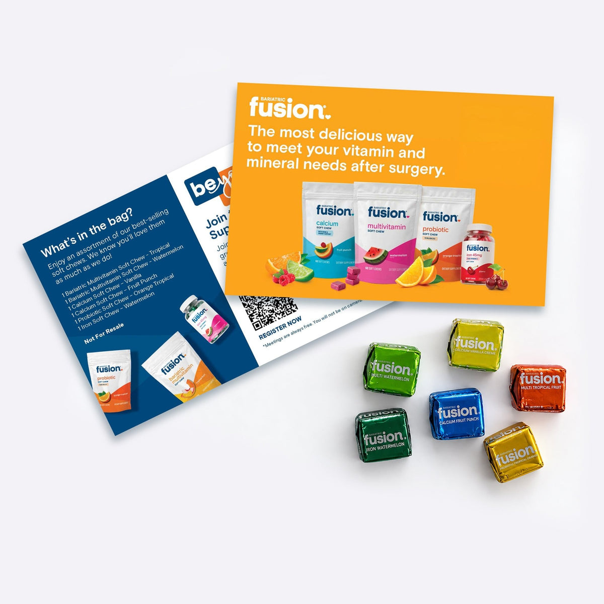 Bariatric Fusion Soft Chew Sample Pack with two printed insert cards and six individually wrapped soft chews.