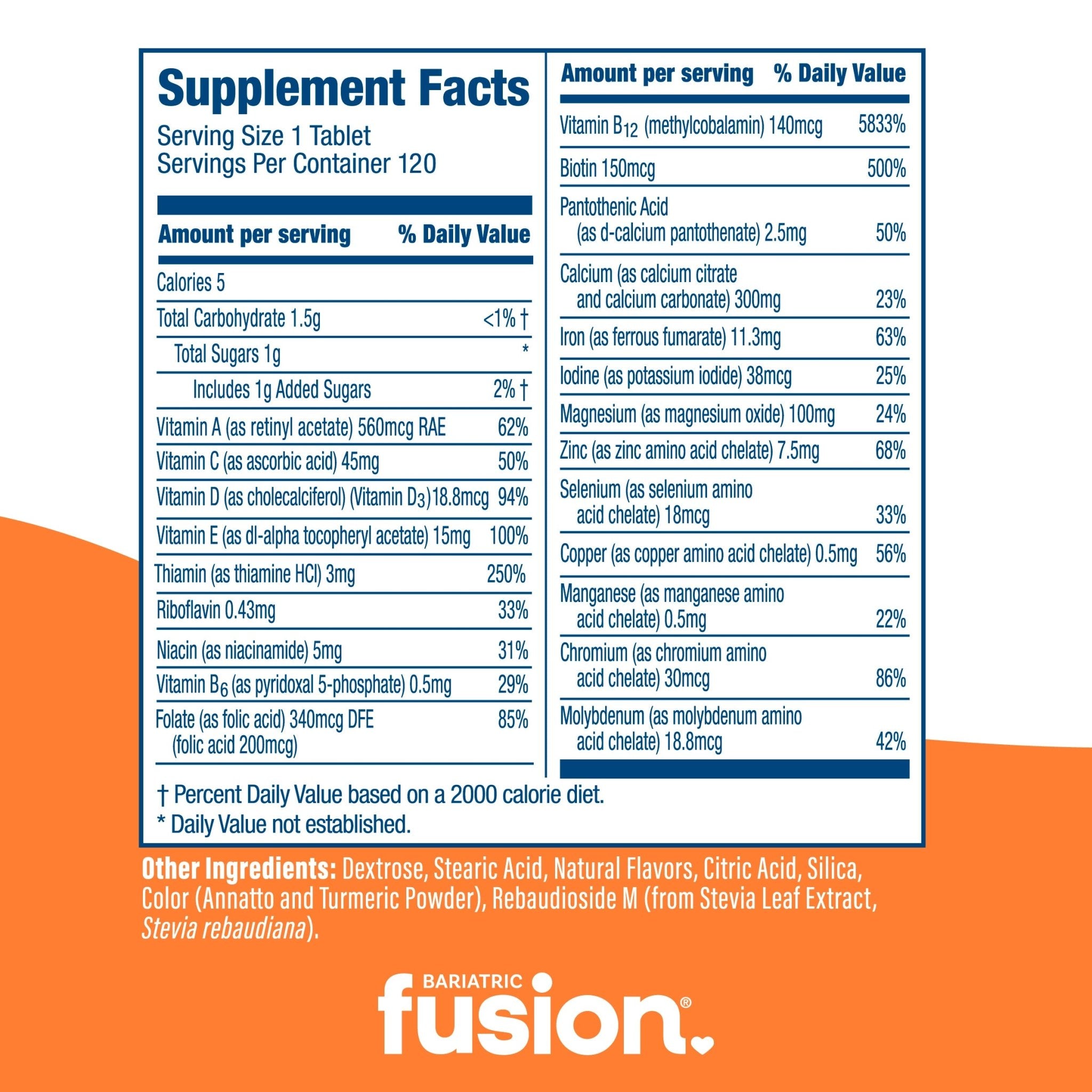 Bariatric Fusion Orange Cream Complete Chewable Bariatric Multivitamin bundle supplement facts.