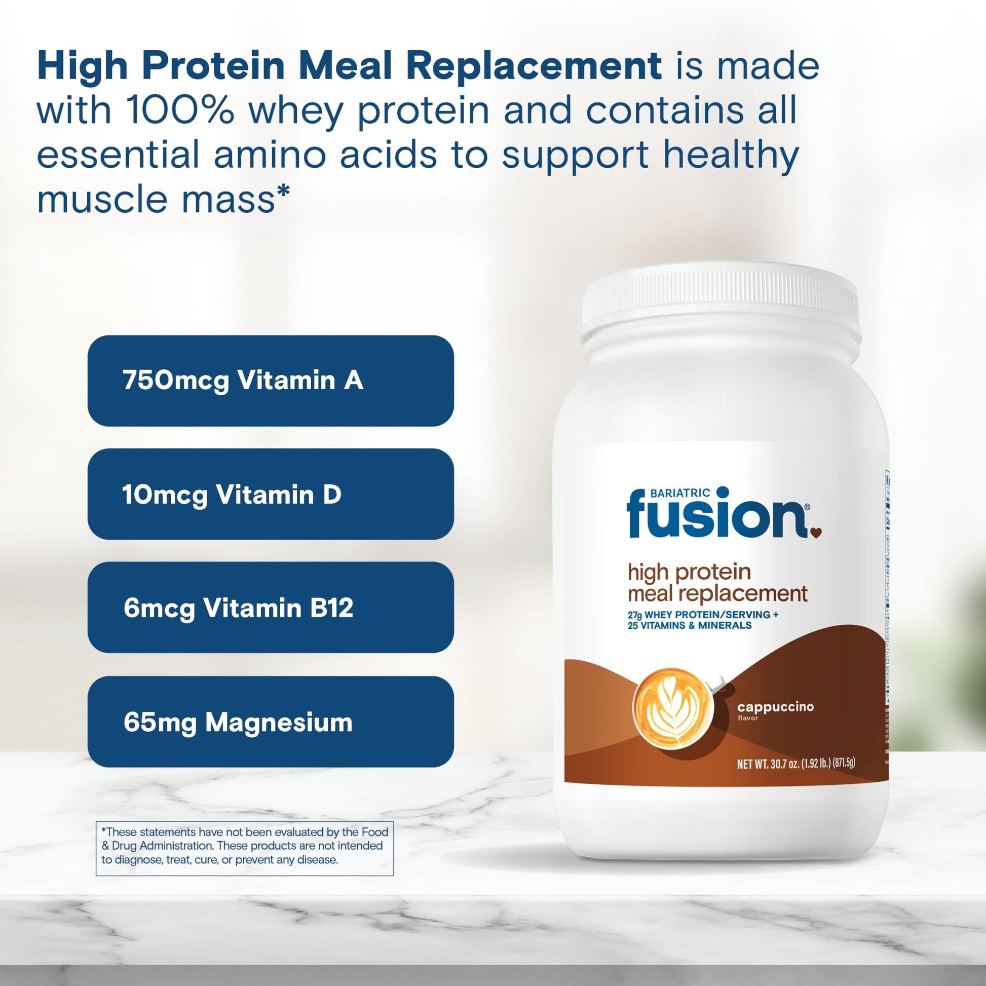 Bariatric Fusion Cappuccino High Protein Meal Replacement is made with 100% whey protein and contains all essential amino acids to support healthy muscle mass*