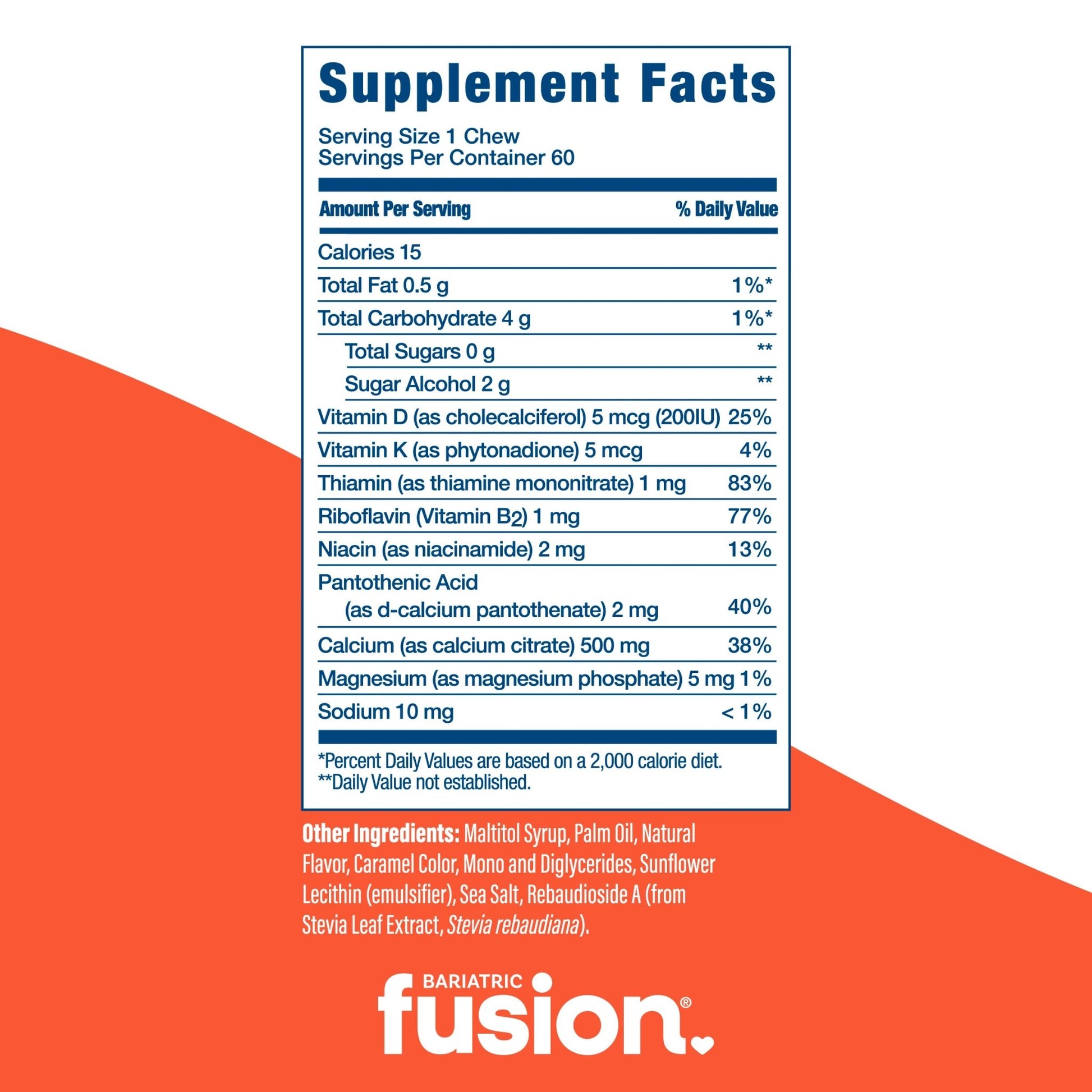 Caramel Bariatric Calcium Citrate Soft Chews supplement facts.
