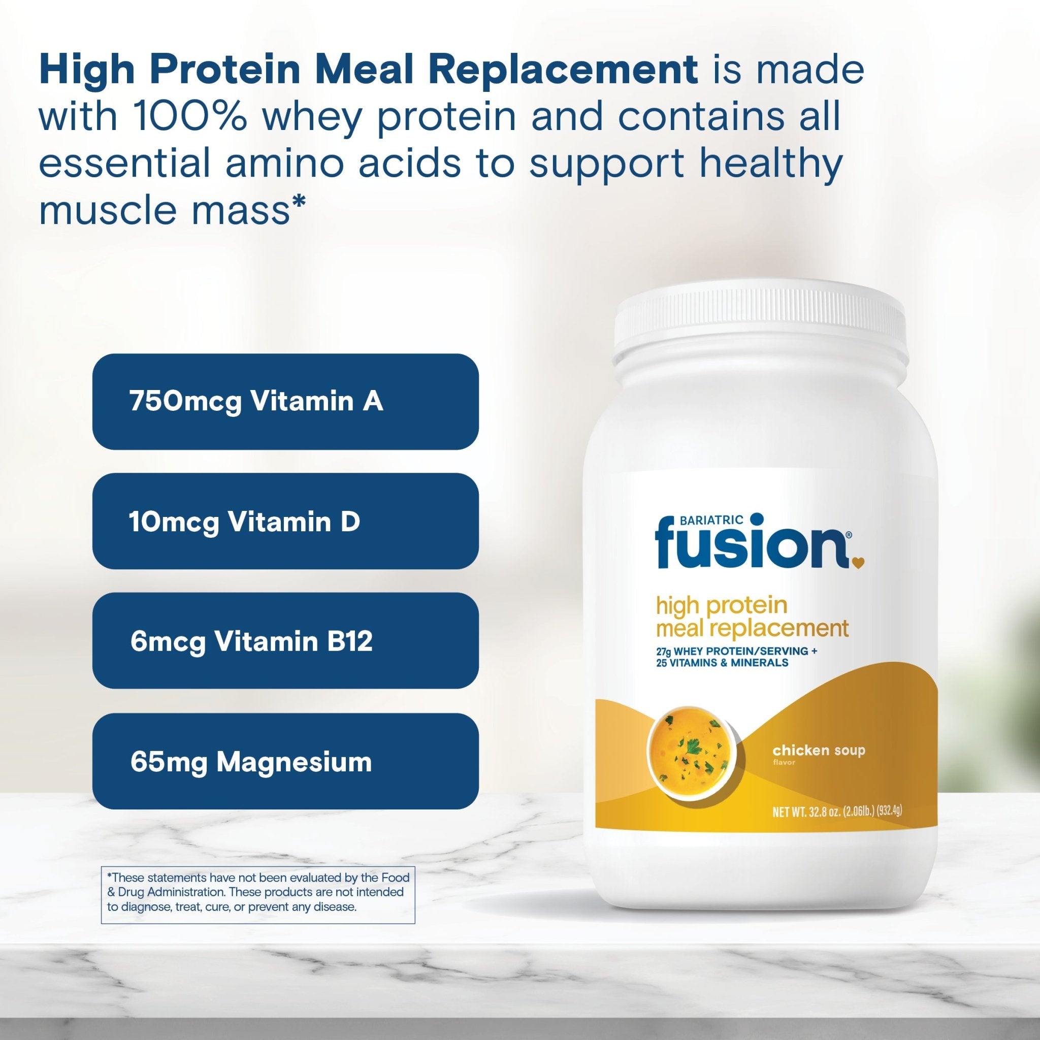 Bariatric Fusion Chicken Soup High Protein Meal Replacement is made with 100% whey protein and contains all essential amino acids to support healthy muscle mass*