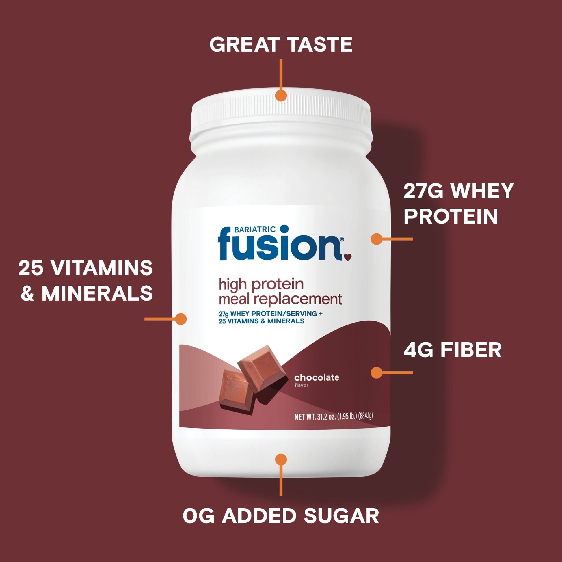 Bariatric Fusion Chocolate High Protein Meal Replacement provides 27g whey protein, 25 vitamins & minerals, 4g fiber, 0g sugar and also has great taste.