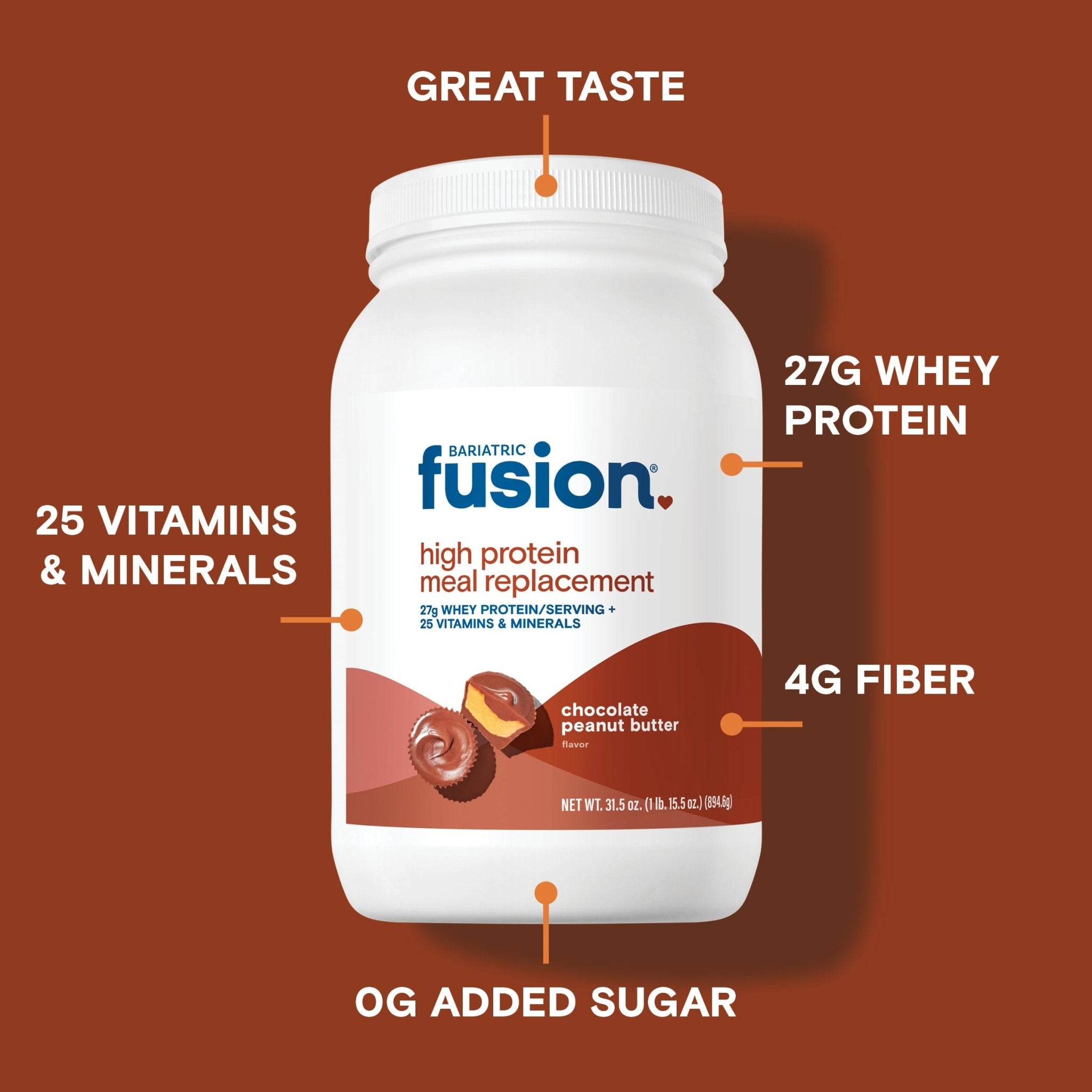 Bariatric Fusion Chocolate Peanut Butter High Protein Meal Replacement provides 27g whey protein, 25 vitamins & minerals, 4g fiber, 0g sugar and also has great taste.