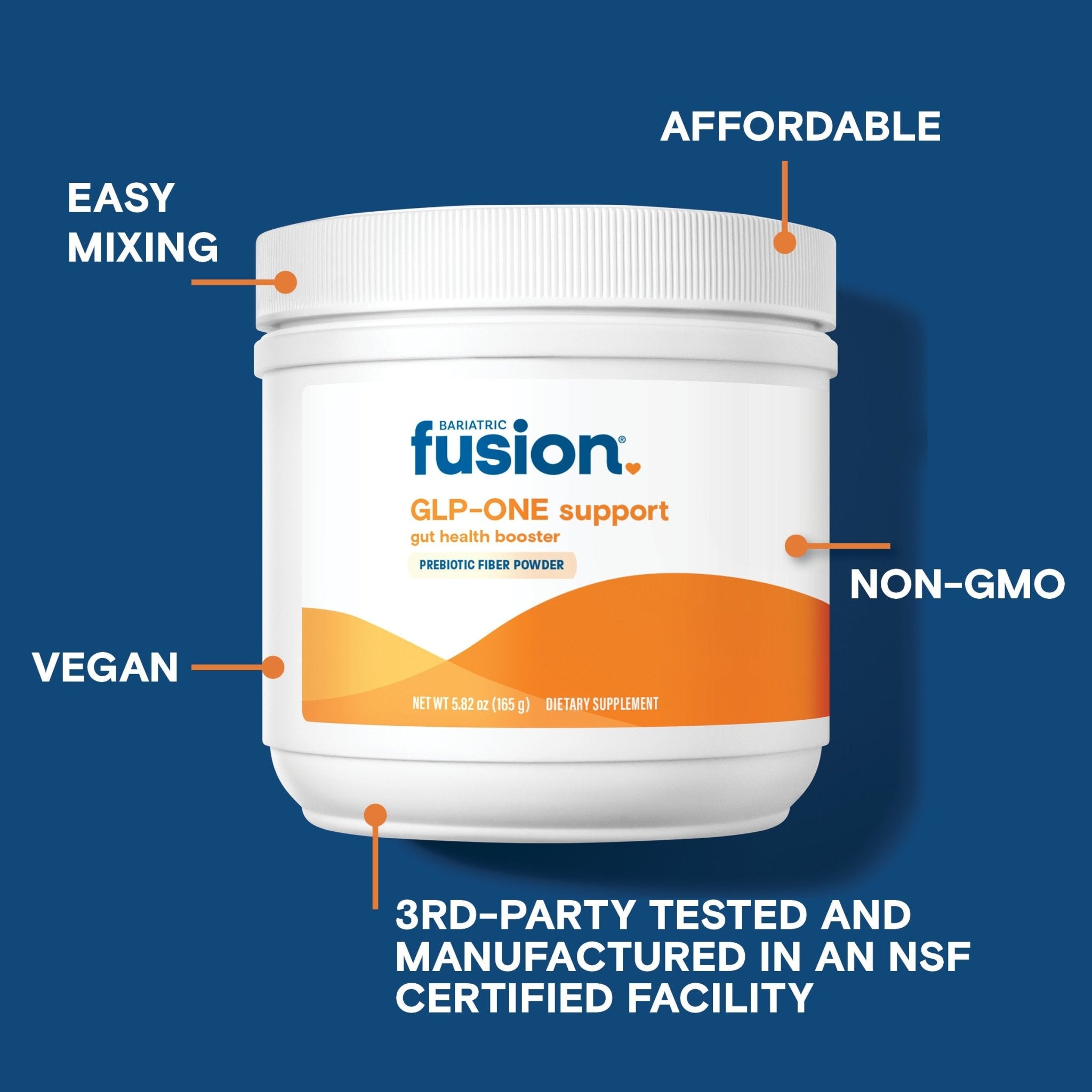 Bariatric Fusion GLP-ONE Support Fiber Powder is vegan, mixes easily, affordable, Non-GMO, and is third party tested.