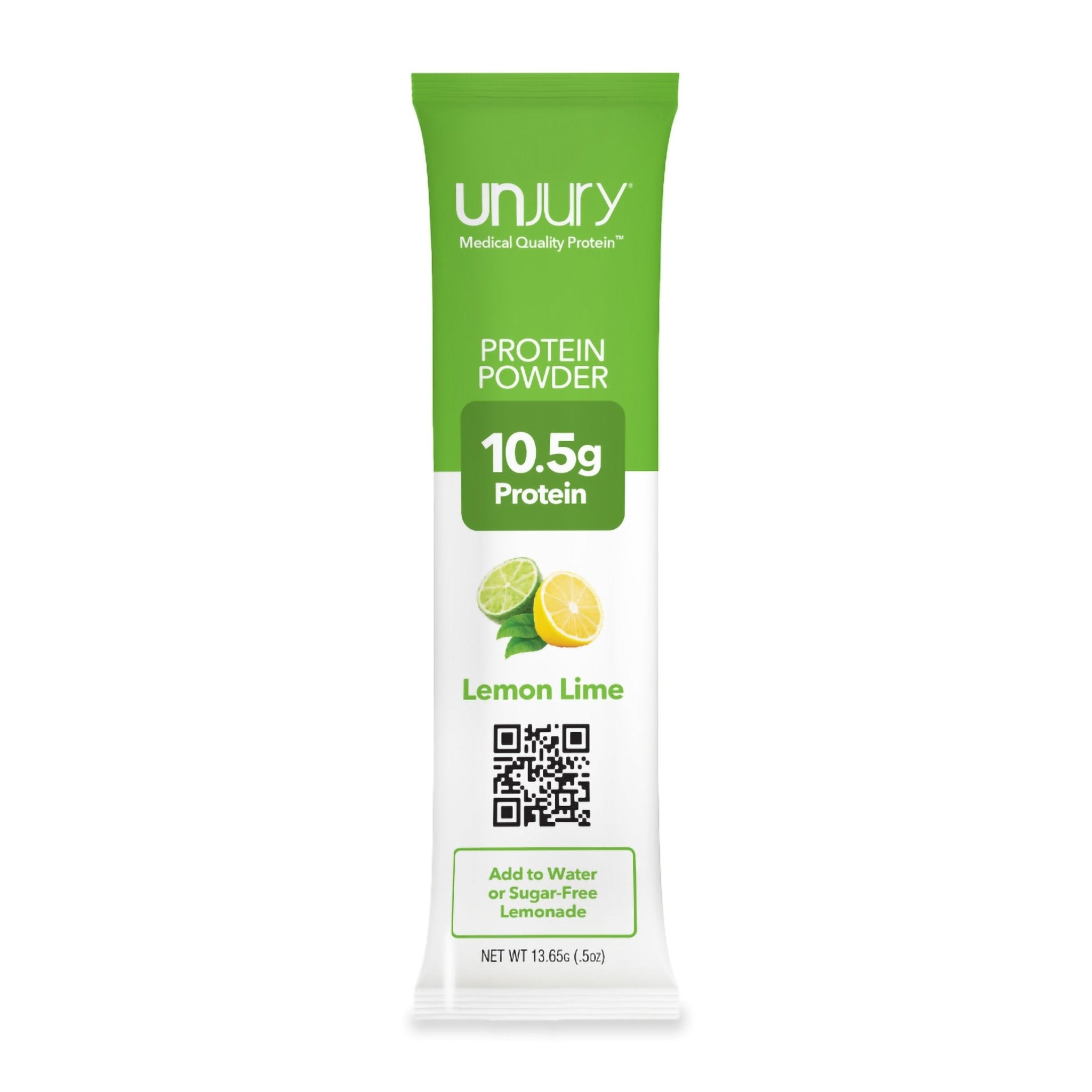 Unjury Lemon Lime Single-Serve Whey Protein Stick Packs. 