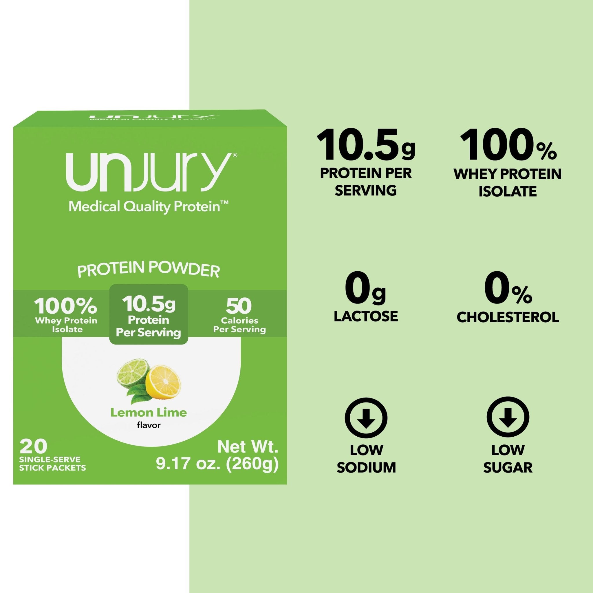 Unjury Lemon Lime Protein Powder Single Serve Stick Packs provide 10.5g of protein per serving, are 100% whey protein isolate, are low sodium, low sugar, and have 0g of lactose and 0% cholesterol.