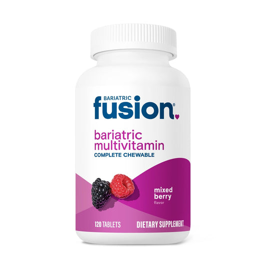 Front view of Bariatric Fusion Multivitamin bottle, Mixed Berry flavor, 120 chewable tablets, dietary supplement