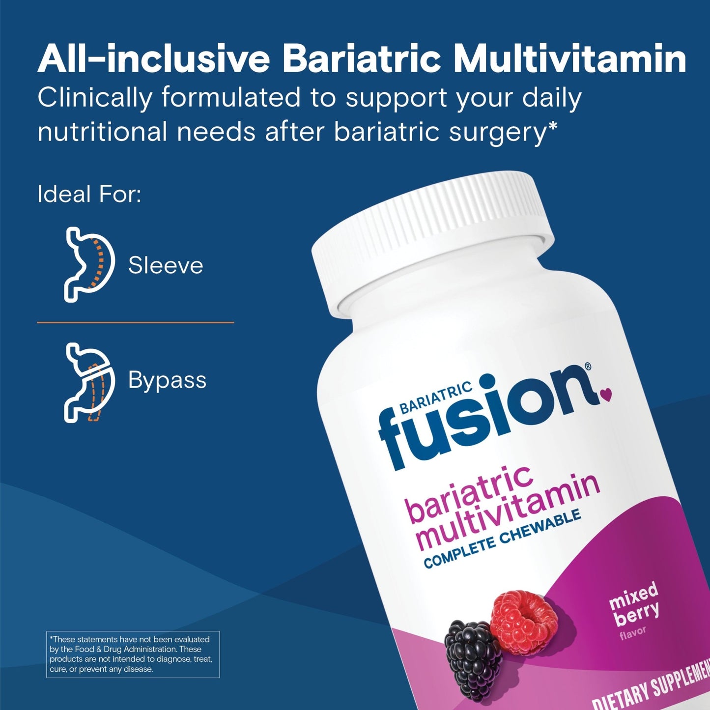 All-inclusive Bariatric Multivitamin graphic stating it's clinically formulated to support daily nutritional needs after bariatric surgery, with icons showing it's ideal for both sleeve and bypass procedures, alongside the Mixed Berry bottle