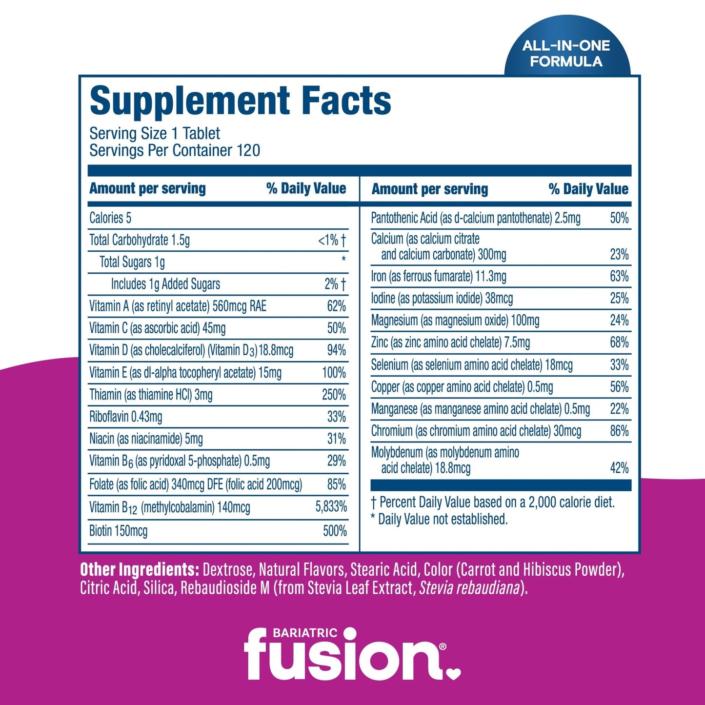 Supplement Facts panel for Bariatric Fusion Chewable Multivitamin, Mixed Berry flavor