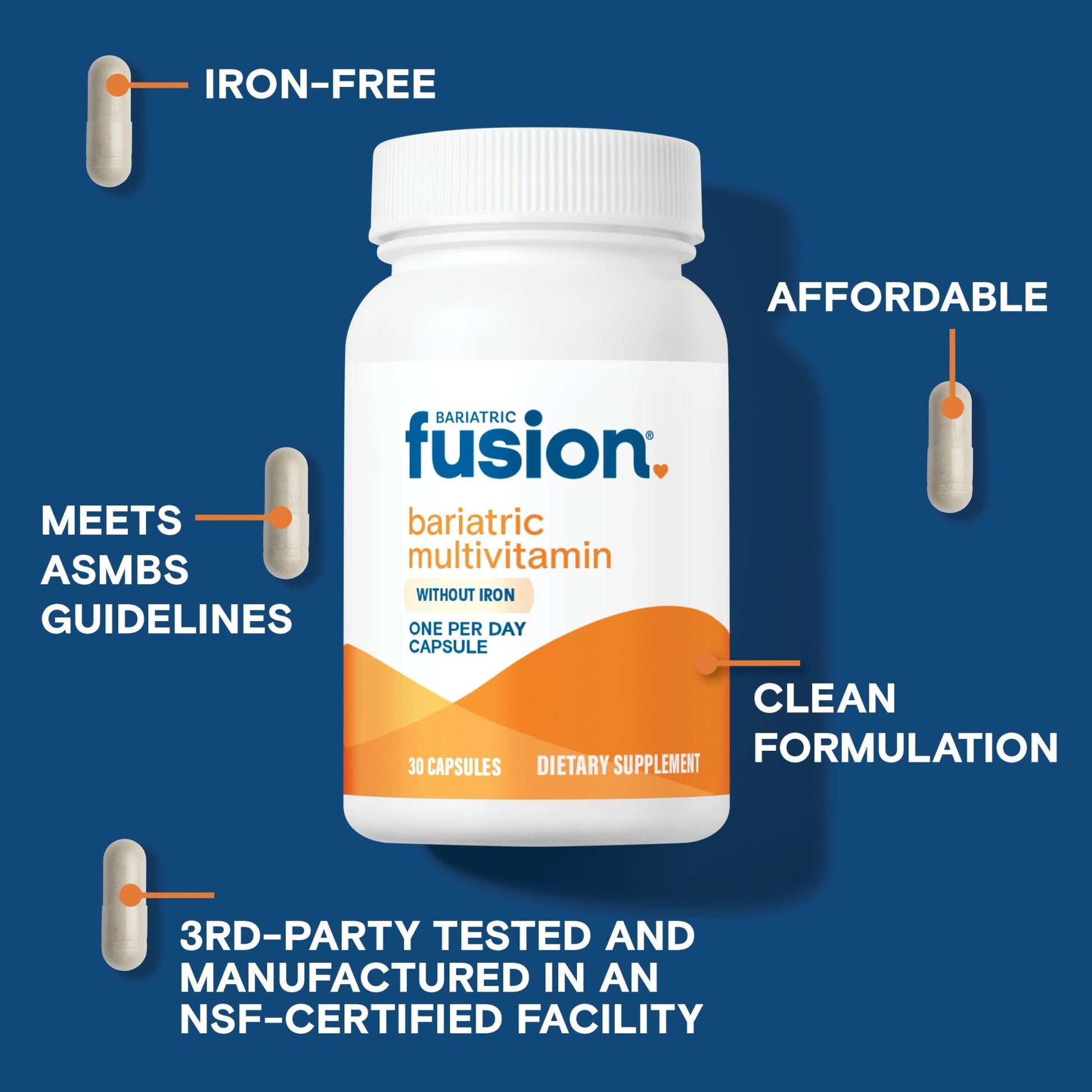 Bariatric Fusion One Per Day Bariatric Multivitamin Capsule Without Iron is affordable, a clean formulation, meets ASMBS guidelines, iron-free, and is third party tested. 