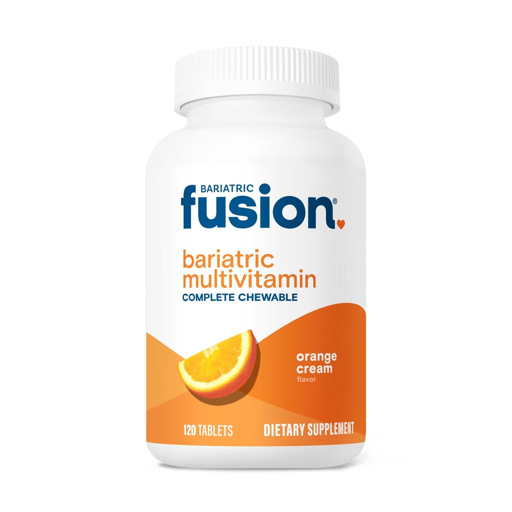 Front view of Bariatric Fusion Bariatric Multivitamin bottle, Orange cream flavor, 120 chewable tablets, dietary supplement