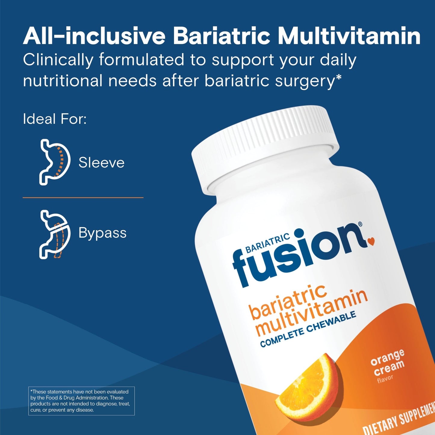 All-inclusive Bariatric Multivitamin graphic stating it's clinically formulated to support daily nutritional needs after bariatric surgery, with icons showing it's ideal for both sleeve and bypass procedures, alongside the Orange Cream bottle