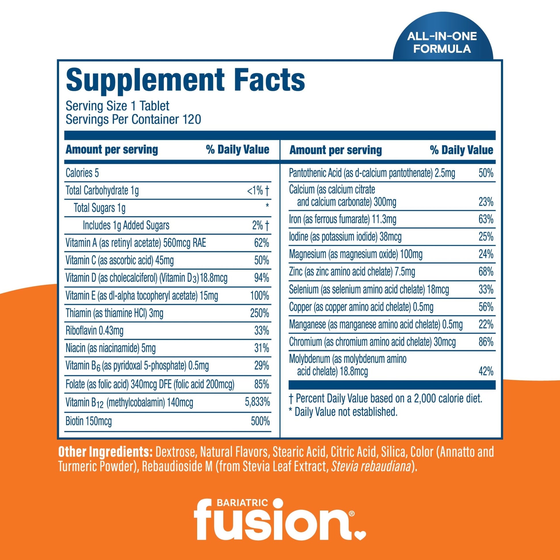 Supplement Facts panel for Bariatric Fusion Chewable Multivitamin, Orange Cream flavor