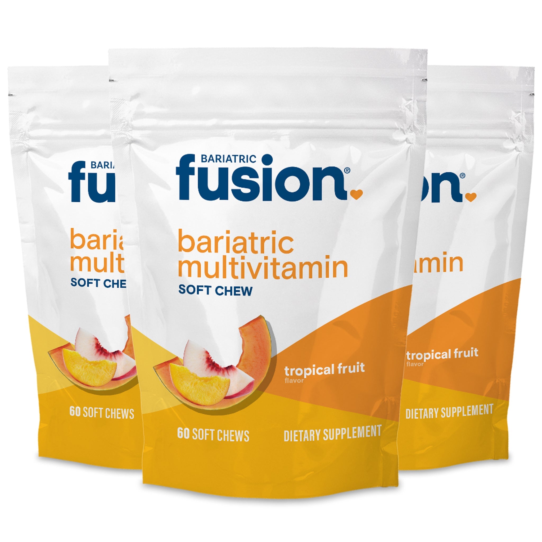 Three pouches of Bariatric Fusion Bariatric Multivitamin Soft Chews, tropical fruit flavor, 60 count each