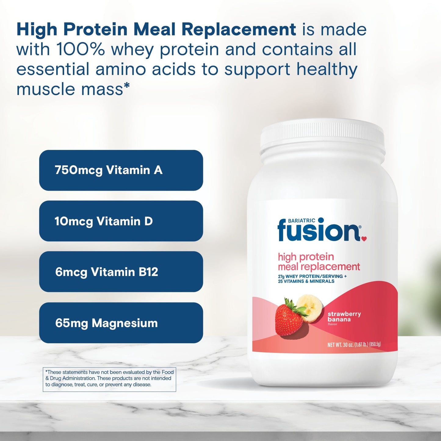 Bariatric Fusion Strawberry Banana High Protein Meal Replacement  is made with 100% whey protein and contains all essential amino acids to support healthy muscle mass*