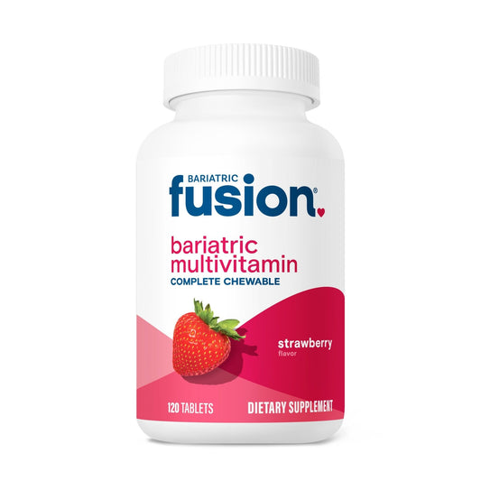 Front view of Bariatric Fusion Multivitamin bottle, Strawberry flavor, 120 chewable tablets, dietary supplement
