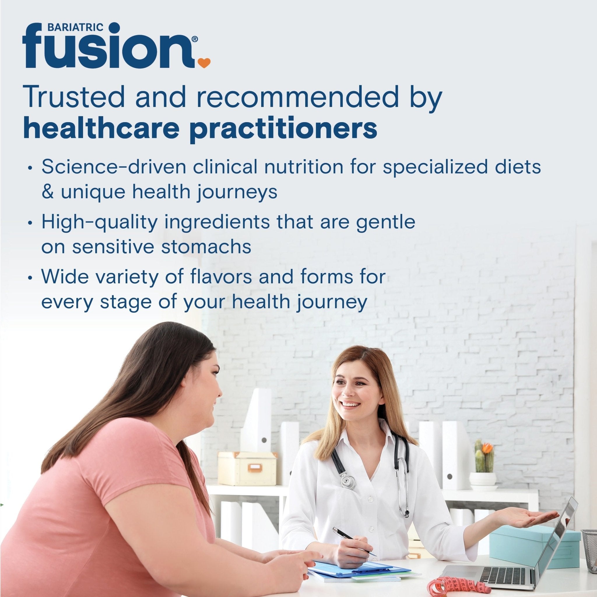 Bariatric Fusion trusted and recommended by healthcare practitioners graphic, featuring a bulleted list of key benefits alongside a photo of a patient consulting with a doctor in a clinical office