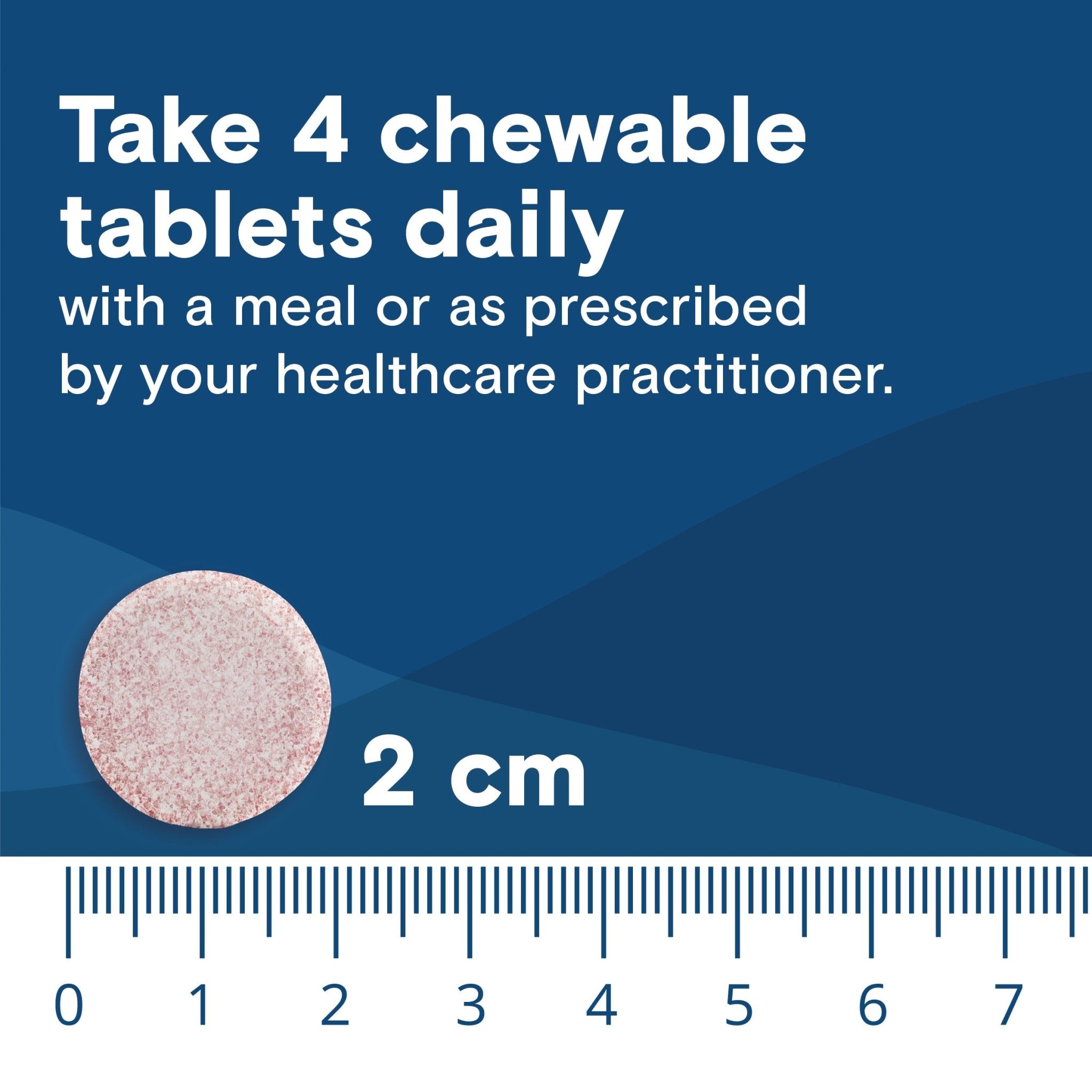 Suggested use graphic instructing to take 4 chewable tablets daily with a close-up of a 2cm chewable tablet shown against a ruler for scale