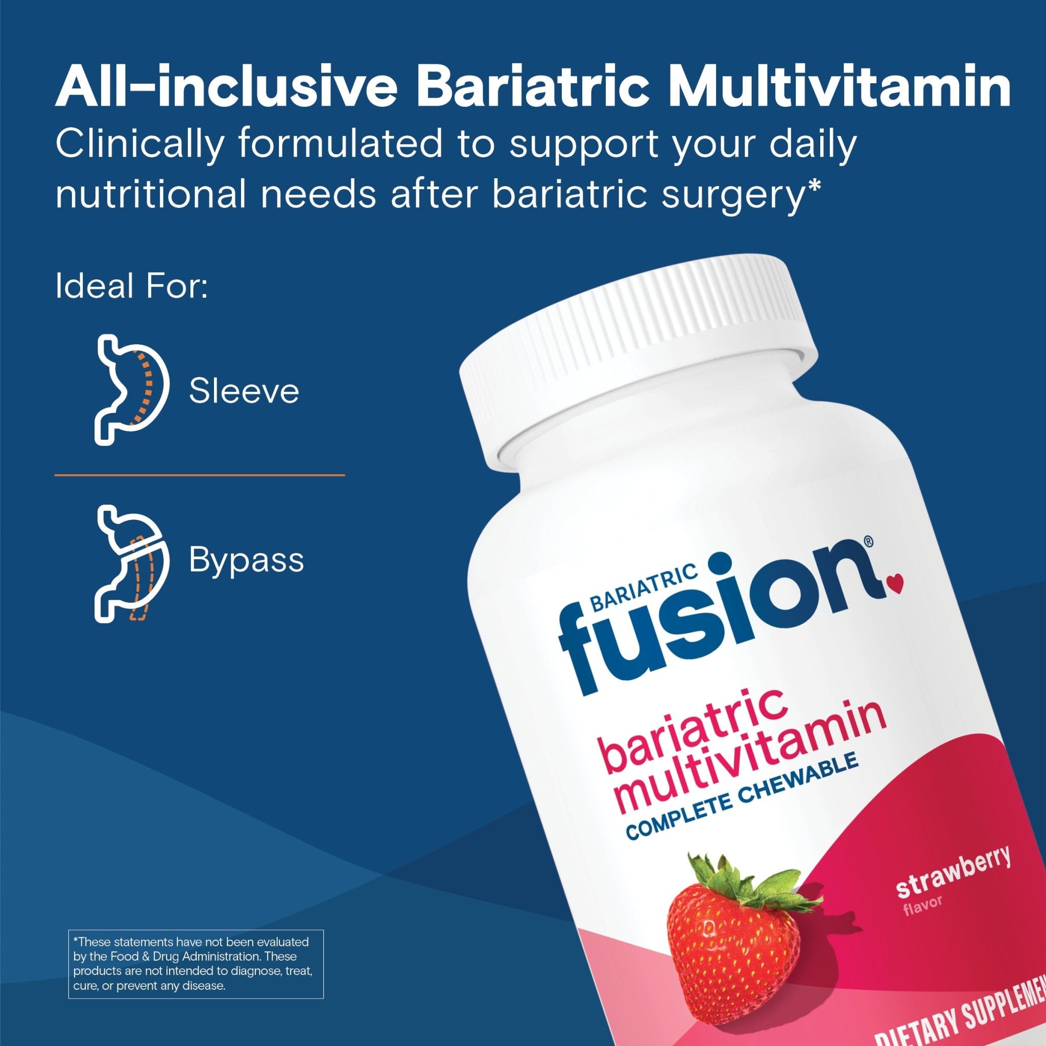 All-inclusive Bariatric Multivitamin graphic stating it's clinically formulated to support daily nutritional needs after bariatric surgery, with icons showing it's ideal for both sleeve and bypass procedures, alongside the Strawberry bottle