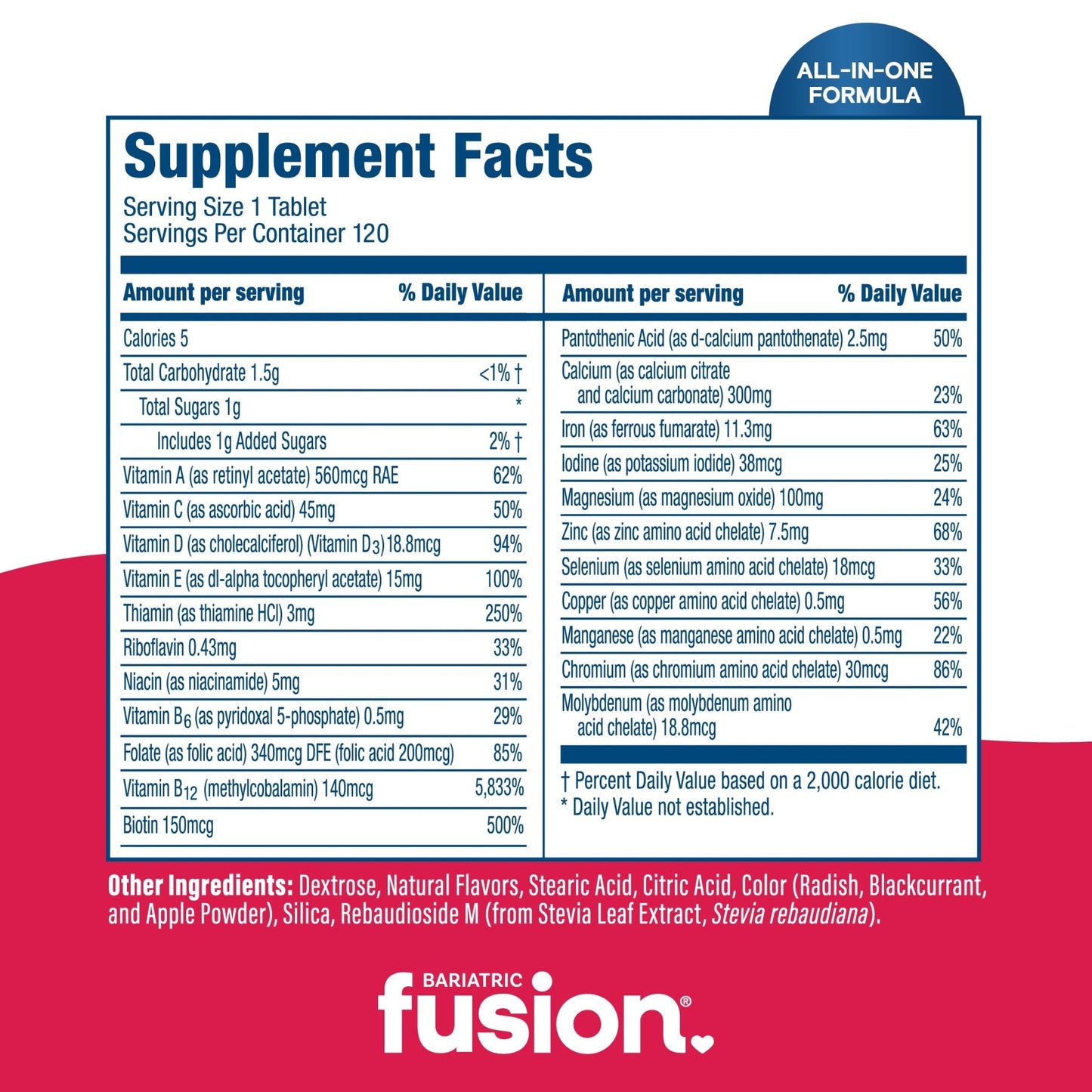 Supplement Facts panel for Bariatric Fusion Bariatric Multivitamin, Strawberry Flavor