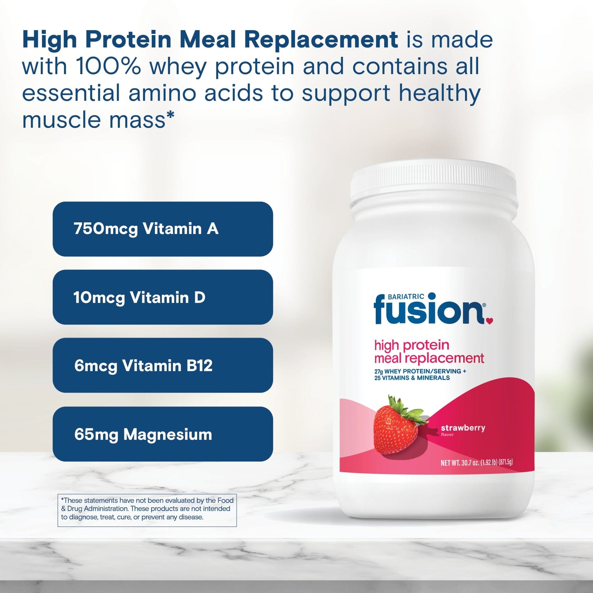 Bariatric Fusion Strawberry High Protein Meal Replacement is made with 100% whey protein and contains all essential amino acids to support healthy muscle mass*