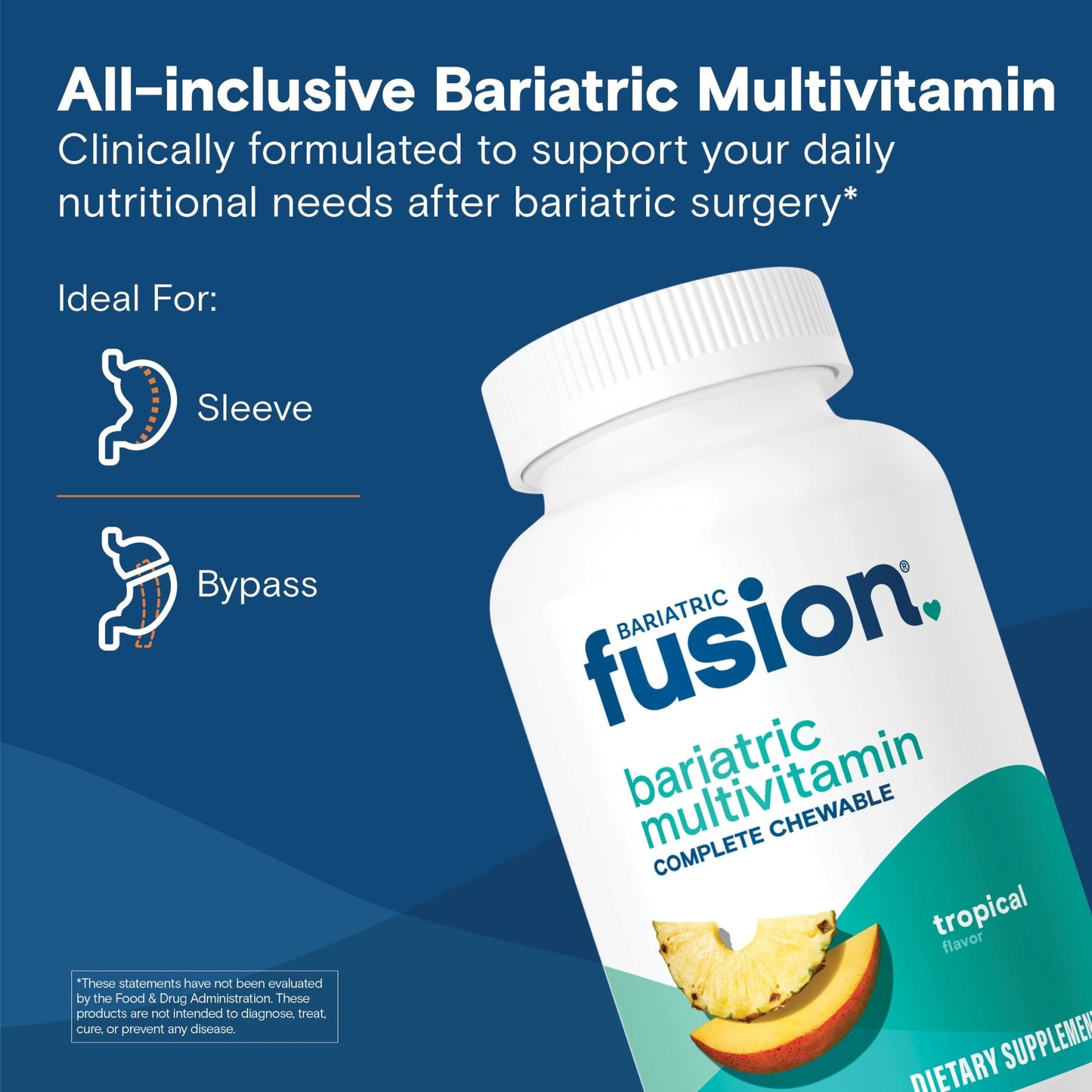 All-inclusive Bariatric Multivitamin graphic stating it's clinically formulated to support daily nutritional needs after bariatric surgery, with icons showing it's ideal for both sleeve and bypass procedures, alongside the Tropical flavor bottle