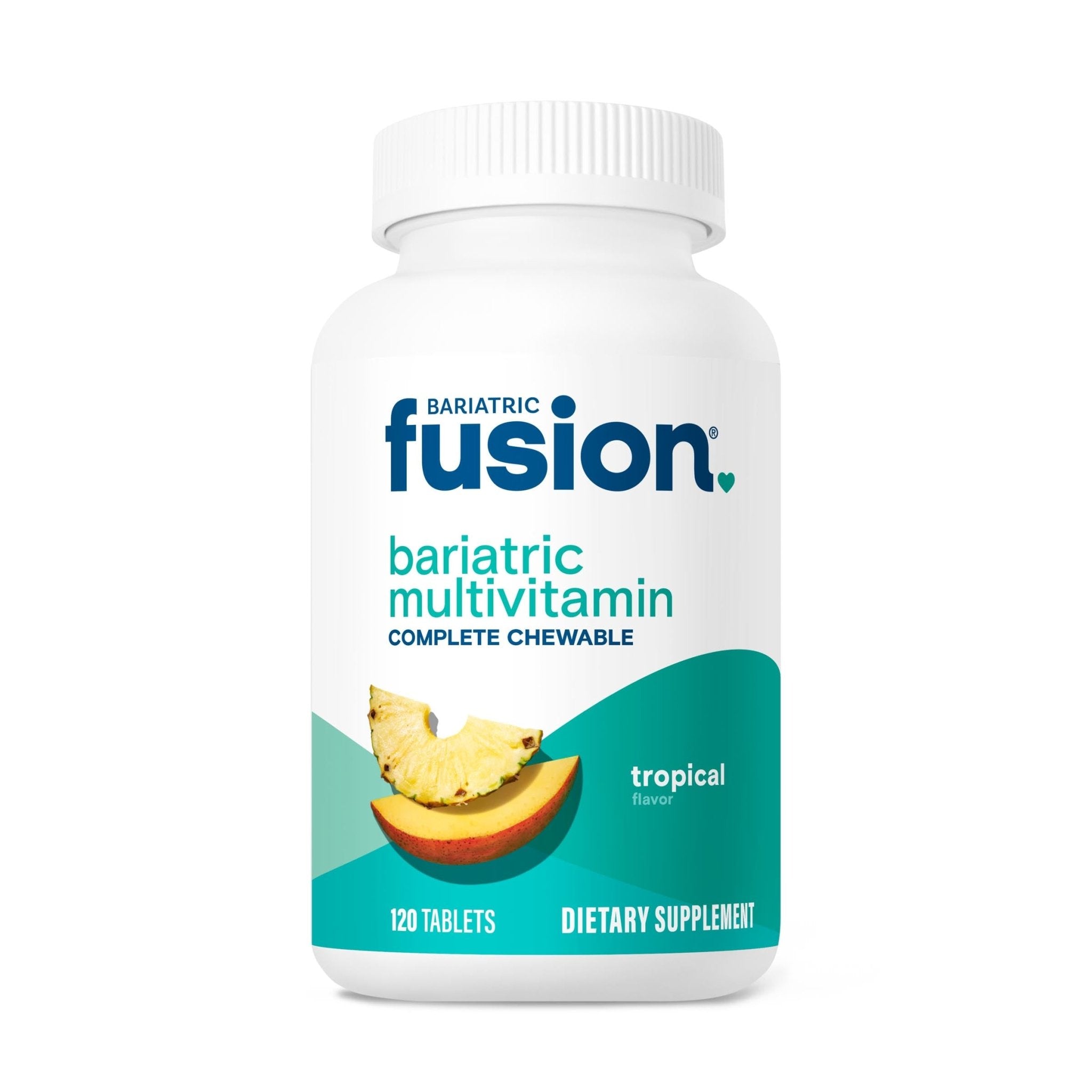 Front view of Bariatric Fusion Multivitamin bottle, Tropical flavor, 120 chewable tablets, dietary supplement